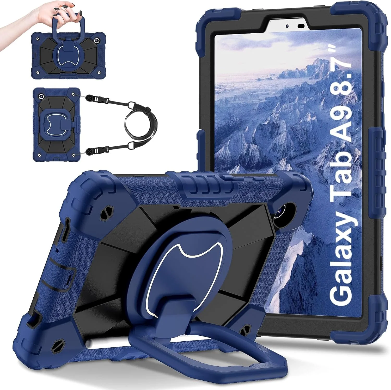 کاور تبلت، قاب تبلت سازگار با تبلت سامسونگ گلکسی تب A9 مدل 8.7 اینچی 2023 (SM-X110/SM-X115)، کاور محافظ ضد ضربه سنگین با پایه چرخان 360 درجه + بند دستی + بند شانه تبلت H کاور تبلت، قاب تبلت سازگار با تبلت سامسونگ گلکسی تب A9 مدل 8.7 اینچی 2023 (SM-X110/SM-X115)، کاور محافظ ضد ضربه سنگین با پایه چرخان 360 درجه + بند دستی + بند شانه تبلت H