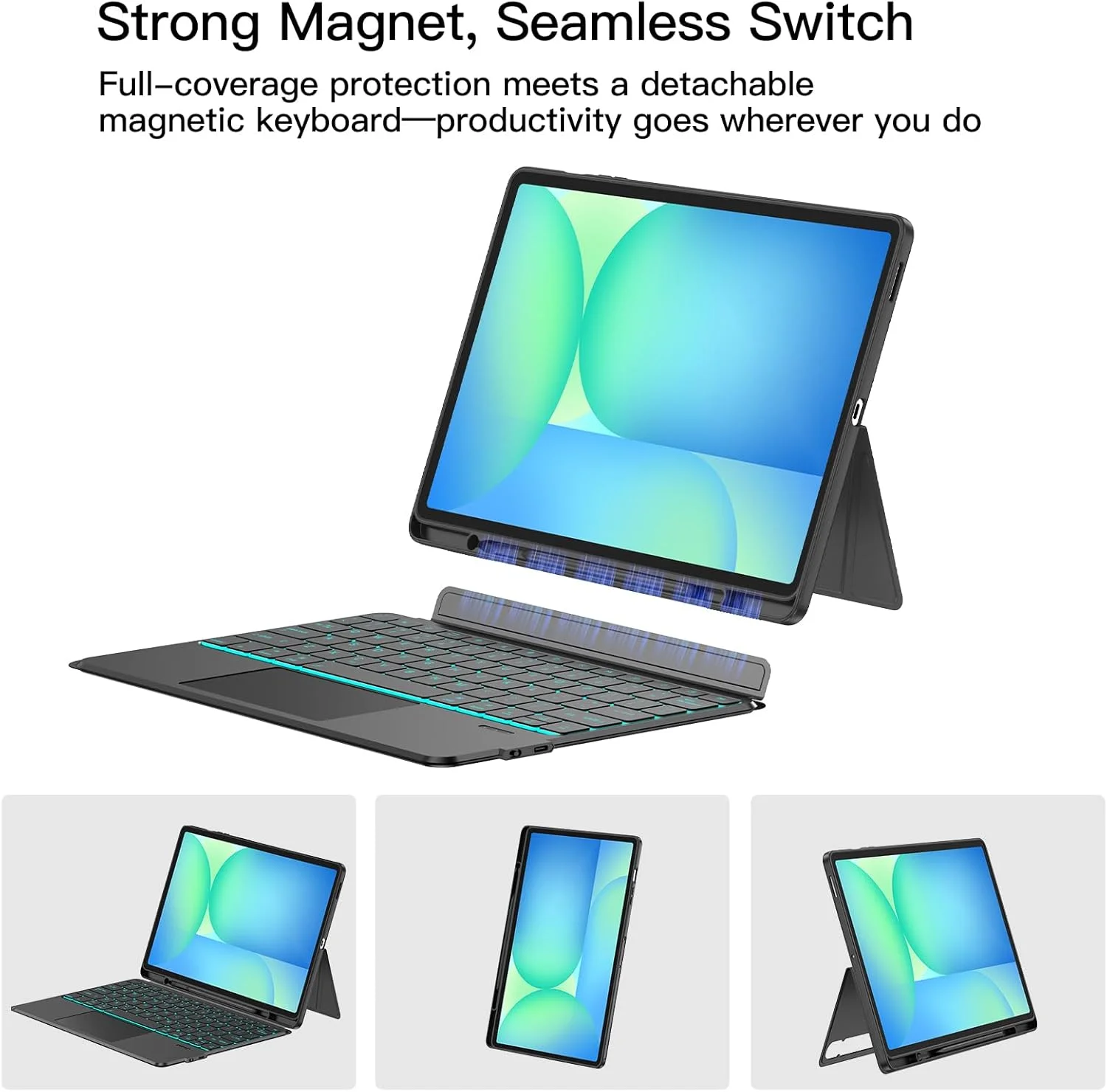 کیبورد با ترکپد JUQITECH مناسب برای تبلت سامسونگ گلکسی تب S10 FE Plus 13.1 اینچ 2025، کاور تبلت نرم با پایه تاشو و کیبورد بیسیم جداشدنی مغناطیسی با نور پسزمینه، دارای جایگاه قلم S، مناسب برای مدلهای SM-X620/X626/X626B کیبورد با ترکپد JUQITECH مناسب برای تبلت سامسونگ گلکسی تب S10 FE Plus 13.1 اینچ 2025، کاور تبلت نرم با پایه تاشو و کیبورد بیسیم جداشدنی مغناطیسی با نور پسزمینه، دارای جایگاه قلم S، مناسب برای مدلهای SM-X620/X626/X626B