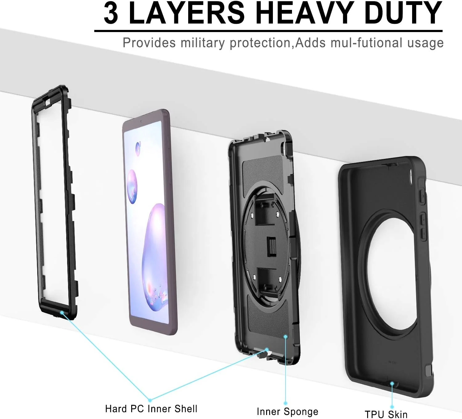 کاور تبلت زومون برای سامسونگ گلکسی تب A 8.4 (2020) مدل [SM-T307U]، محافظ هیبریدی ضد ضربه، پایه چرخان 360 درجه، بند دستی