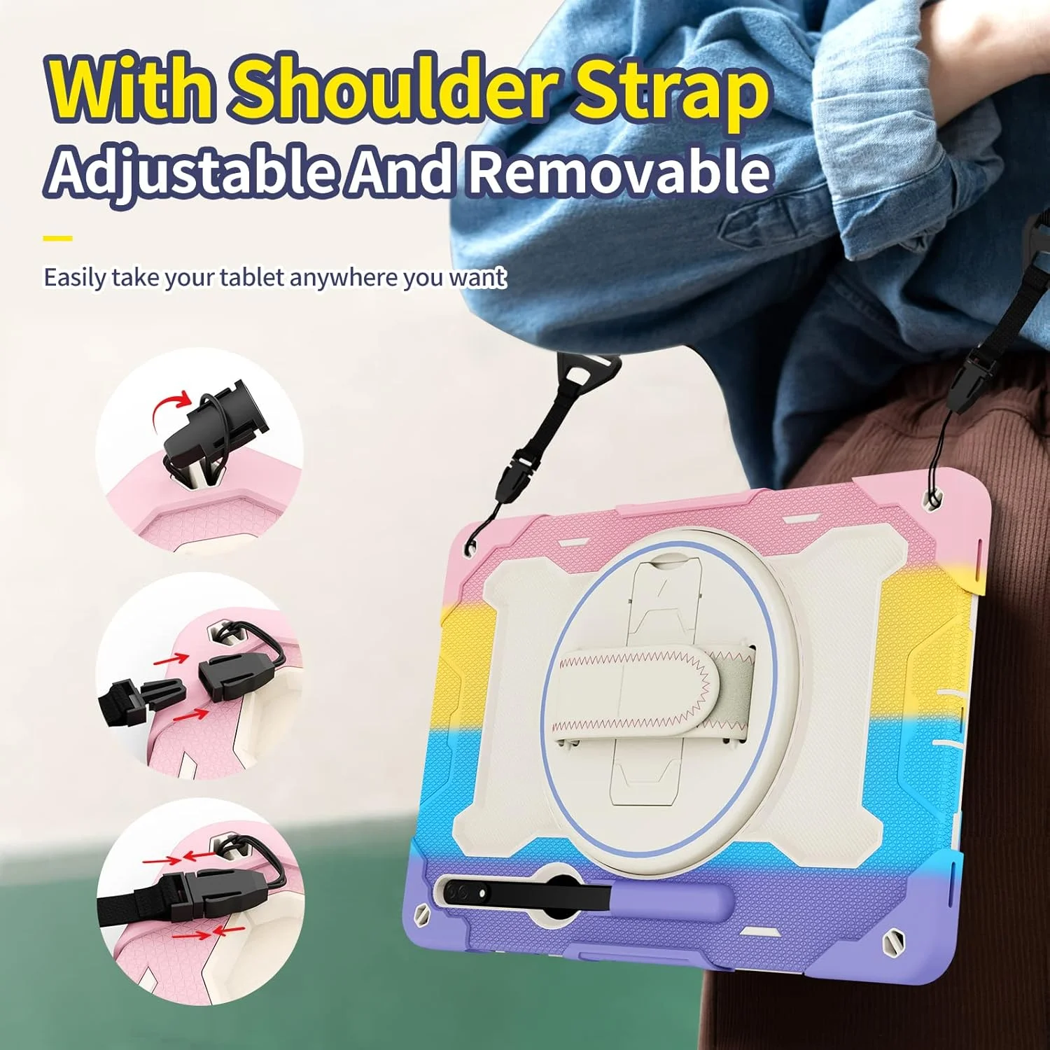 کیف تبلت رنگین کمانی Nincyee برای Samsung Galaxy Tab S9 Ultra 14.6 اینچ، کیف سیلیکونی مقاوم در برابر ضربه با جای مداد، بند شانه، پایه تاشو چرخان، بند دستی کیف تبلت رنگین کمانی Nincyee برای Samsung Galaxy Tab S9 Ultra 14.6 اینچ، کیف سیلیکونی مقاوم در برابر ضربه با جای مداد، بند شانه، پایه تاشو چرخان، بند دستی
