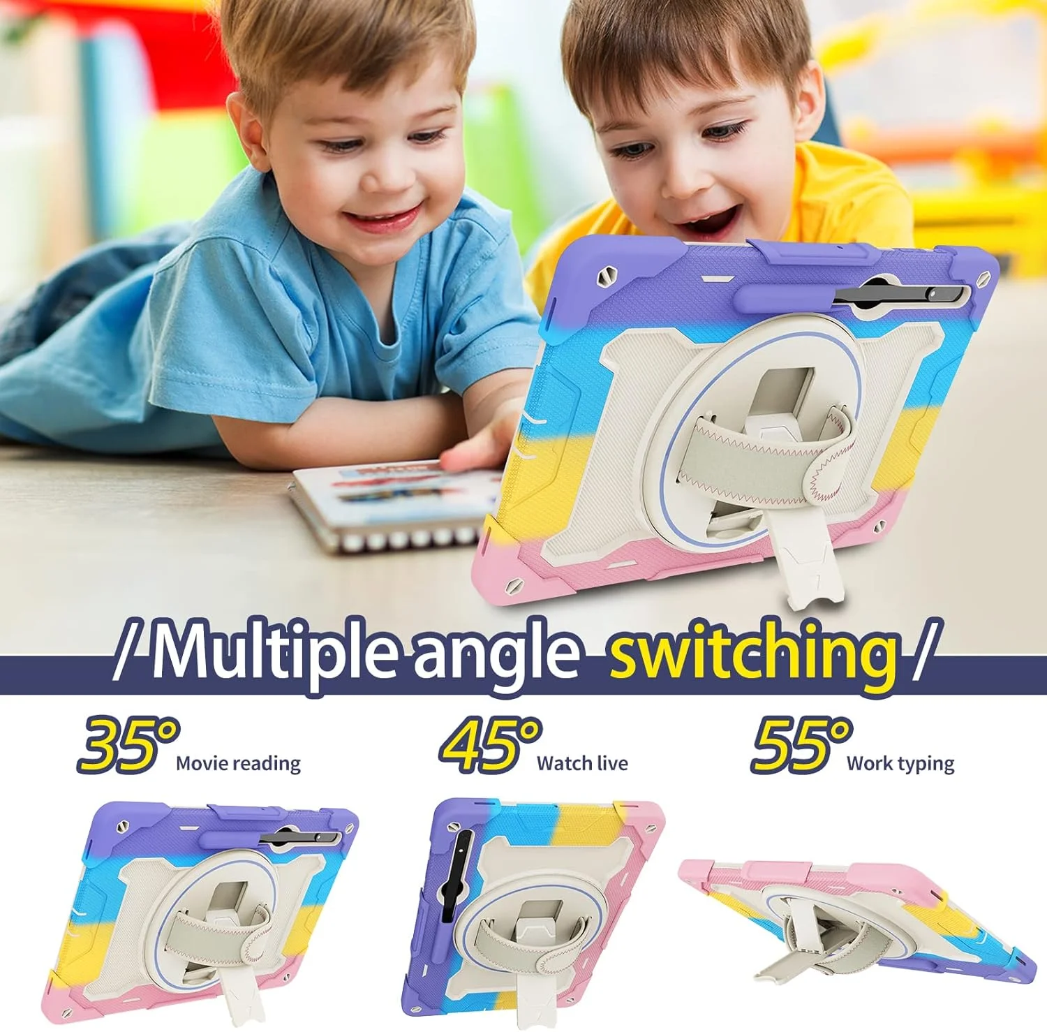 کیف تبلت nincyee برای Samsung Galaxy Tab S9 Ultra 14.6 اینچ، کیف سیلیکونی رنگین کمانی مقاوم در برابر ضربه برای کودکان با نگهدارنده مداد، بند شانه، پایه تاشو چرخشی، بند دستی کیف تبلت nincyee برای Samsung Galaxy Tab S9 Ultra 14.6 اینچ، کیف سیلیکونی رنگین کمانی مقاوم در برابر ضربه برای کودکان با نگهدارنده مداد، بند شانه، پایه تاشو چرخشی، بند دستی