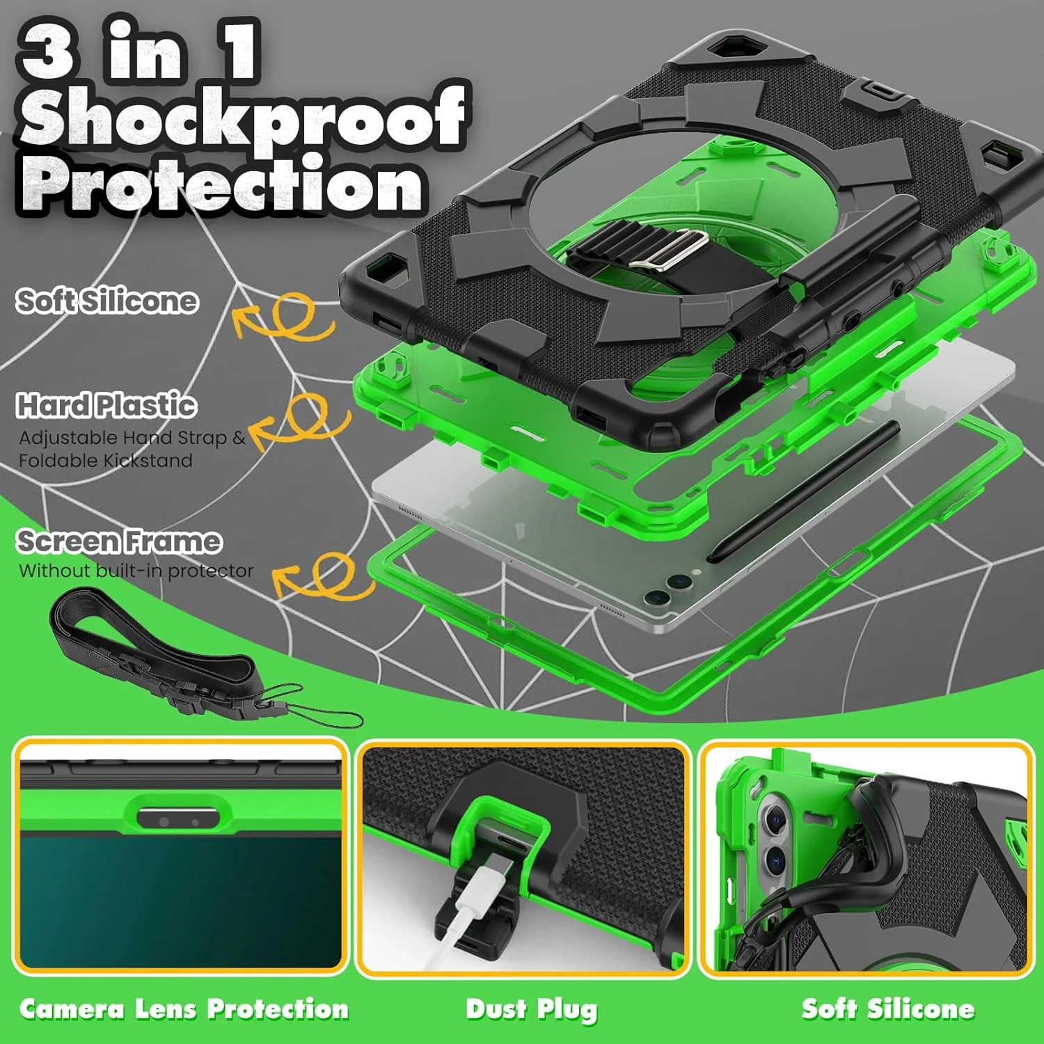 کیف تبلت nincyee برای Samsung Galaxy Tab S9 FE+ 12.4 اینچ، قاب سیلیکونی مقاوم در برابر ضربه طرح عنکبوتی قهرمان رنگین کمانی کودکانه با نگهدارنده مداد، بند شانه، پایه تاشو چرخشی، بند دستی