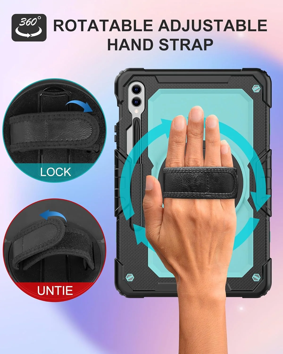 کیف تبلت BASE MALL برای Samsung Galaxy Tab S10 Plus/ S9 FE Plus/ S9 Plus Plus 5G 12.4 اینچ [همراه با محافظ صفحه نمایش شیشه ای حرارت دیده]، دارای پایه چرخشی/نگهدارنده قلم S/ بند شانه و دست (آبی آسمانی)