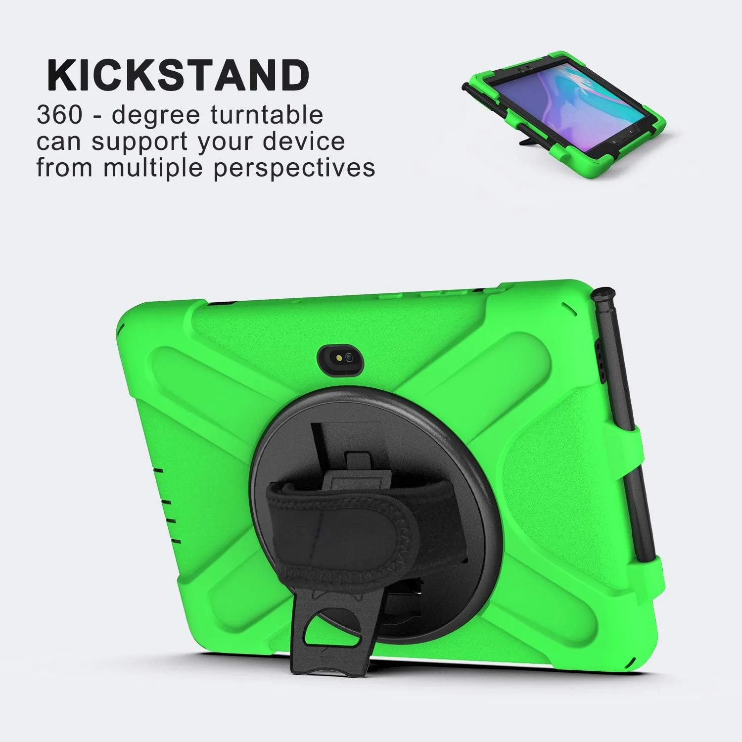 کیف تبلت مناسب برای Samsung Galaxy Tab Active4 Pro 2022 T630/T636 به همراه بند شانه، پایه چرخان و دسته، کیف محافظتی مقاوم در برابر ضربه و سنگین. سبز