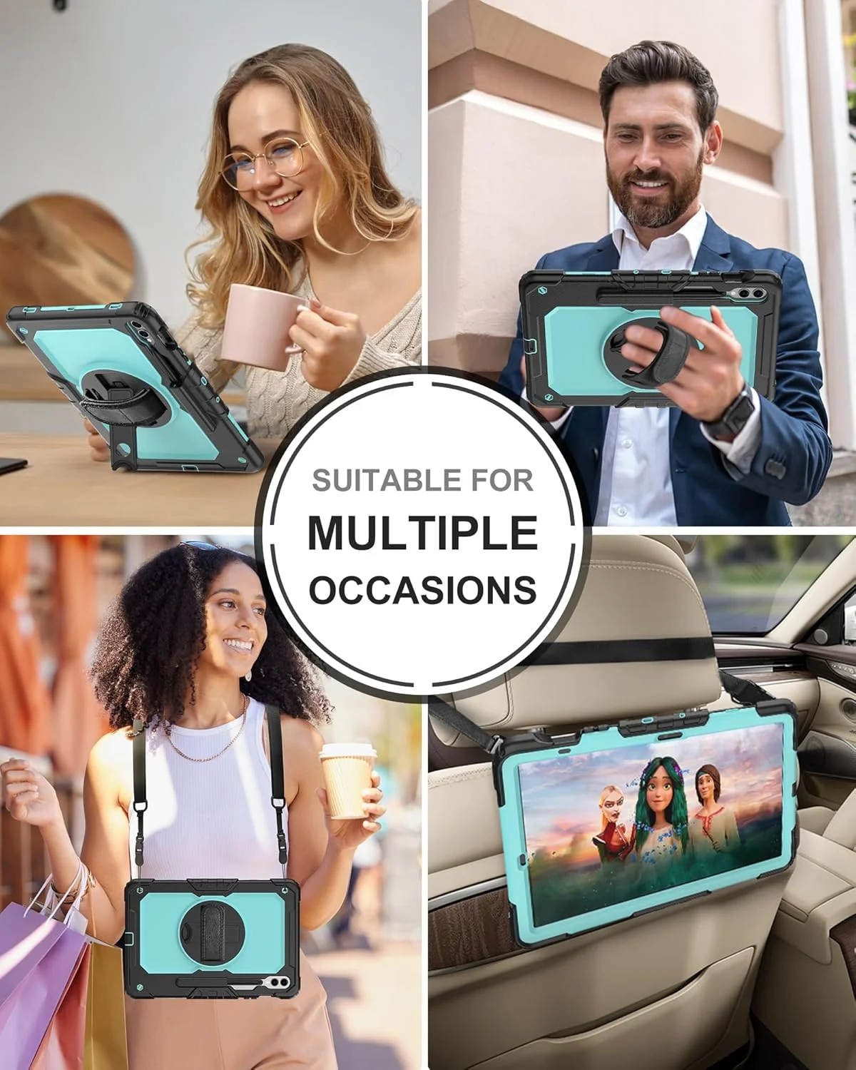 کیف تبلت BASE MALL برای Samsung Galaxy Tab S10 Plus/ S9 FE Plus/ S9 Plus Plus 5G 12.4 اینچ [همراه با محافظ صفحه نمایش شیشه ای حرارت دیده]، دارای پایه چرخشی/نگهدارنده قلم S/ بند شانه و دست (آبی آسمانی)