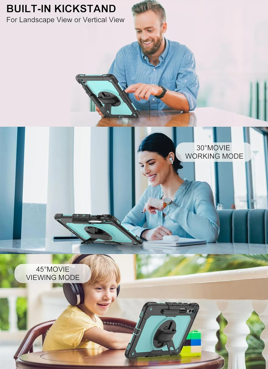 کیف تبلت BASE MALL برای Samsung Galaxy Tab S10 Plus/ S9 FE Plus/ S9 Plus Plus 5G 12.4 اینچ [همراه با محافظ صفحه نمایش شیشه ای حرارت دیده]، دارای پایه چرخشی/نگهدارنده قلم S/ بند شانه و دست (آبی آسمانی)