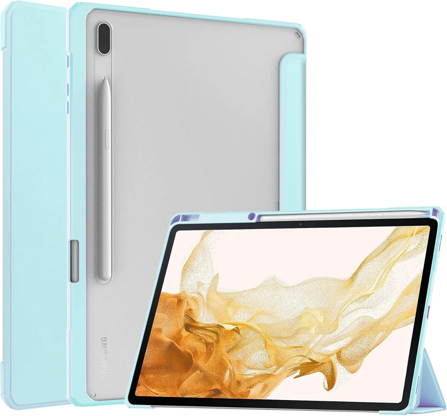 کاور تبلت هوشمند سه تایی سازگار با تبلت سامسونگ گلکسی تب S8 پلاس 12.4 اینچی، کاور محافظ پشتی شفاف باریک TPU با پایه نگهدارنده مداد، ضد ضربه، قابلیت بیدار شدن/خواب خودکار. آبی آسمانی کاور تبلت هوشمند سه تایی سازگار با تبلت سامسونگ گلکسی تب S8 پلاس 12.4 اینچی، کاور محافظ پشتی شفاف باریک TPU با پایه نگهدارنده مداد، ضد ضربه، قابلیت بیدار شدن/خواب خودکار. آبی آسمانی