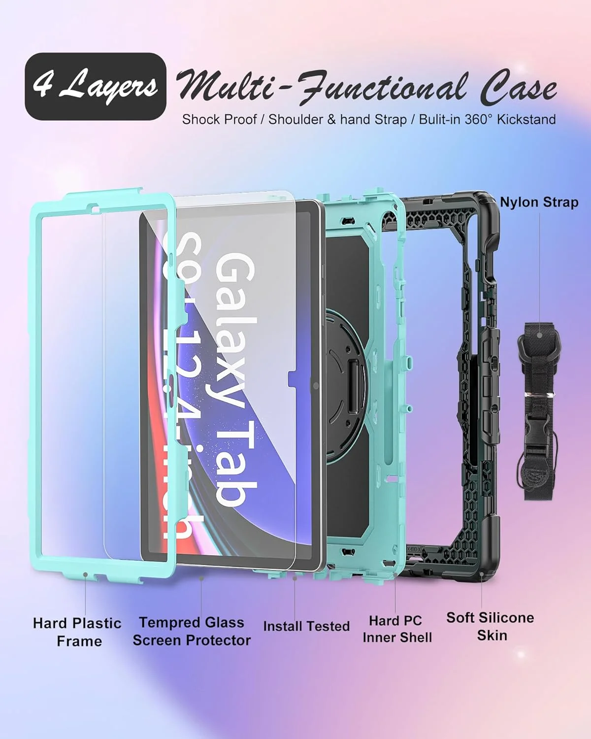 کیف تبلت BASE MALL برای Samsung Galaxy Tab S10 Plus/ S9 FE Plus/ S9 Plus Plus 5G 12.4 اینچ [همراه با محافظ صفحه نمایش شیشه ای حرارت دیده]، دارای پایه چرخشی/نگهدارنده قلم S/ بند شانه و دست (آبی آسمانی)