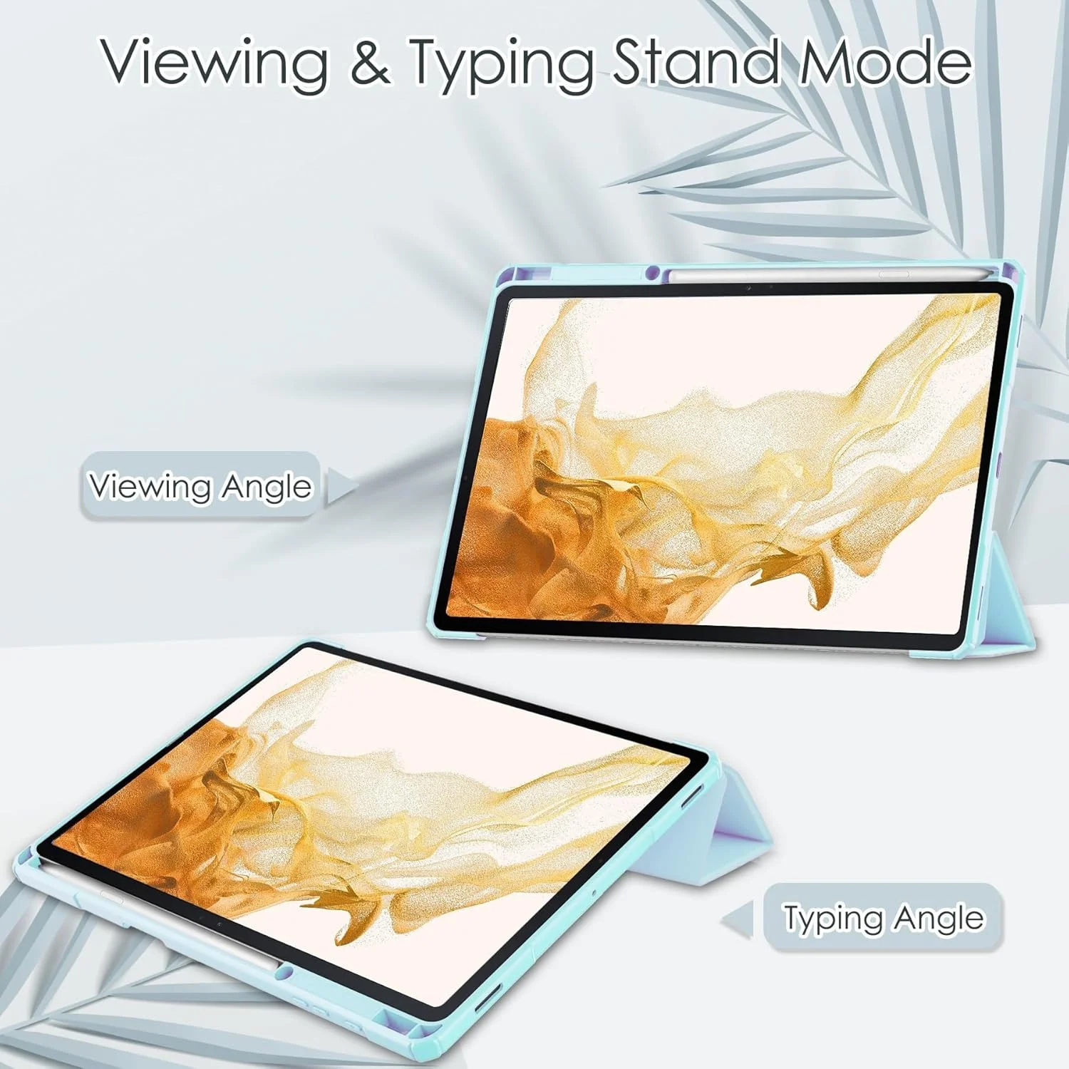 کاور تبلت هوشمند سه تایی سازگار با تبلت سامسونگ گلکسی تب S8 پلاس 12.4 اینچی، کاور محافظ پشتی شفاف باریک TPU با پایه نگهدارنده مداد، ضد ضربه، قابلیت بیدار شدن/خواب خودکار. آبی آسمانی