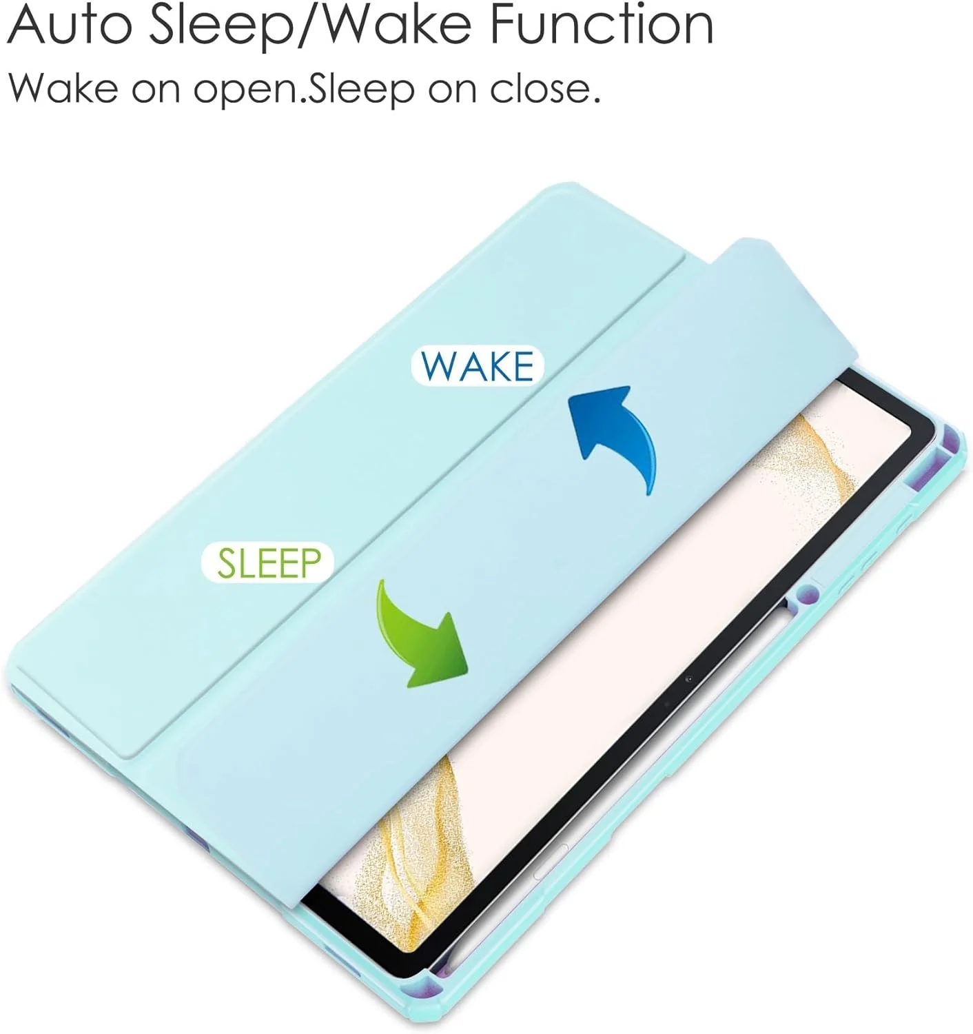 کاور تبلت هوشمند سه تایی سازگار با تبلت سامسونگ گلکسی تب S8 پلاس 12.4 اینچی، کاور محافظ پشتی شفاف باریک TPU با پایه نگهدارنده مداد، ضد ضربه، قابلیت بیدار شدن/خواب خودکار. آبی آسمانی