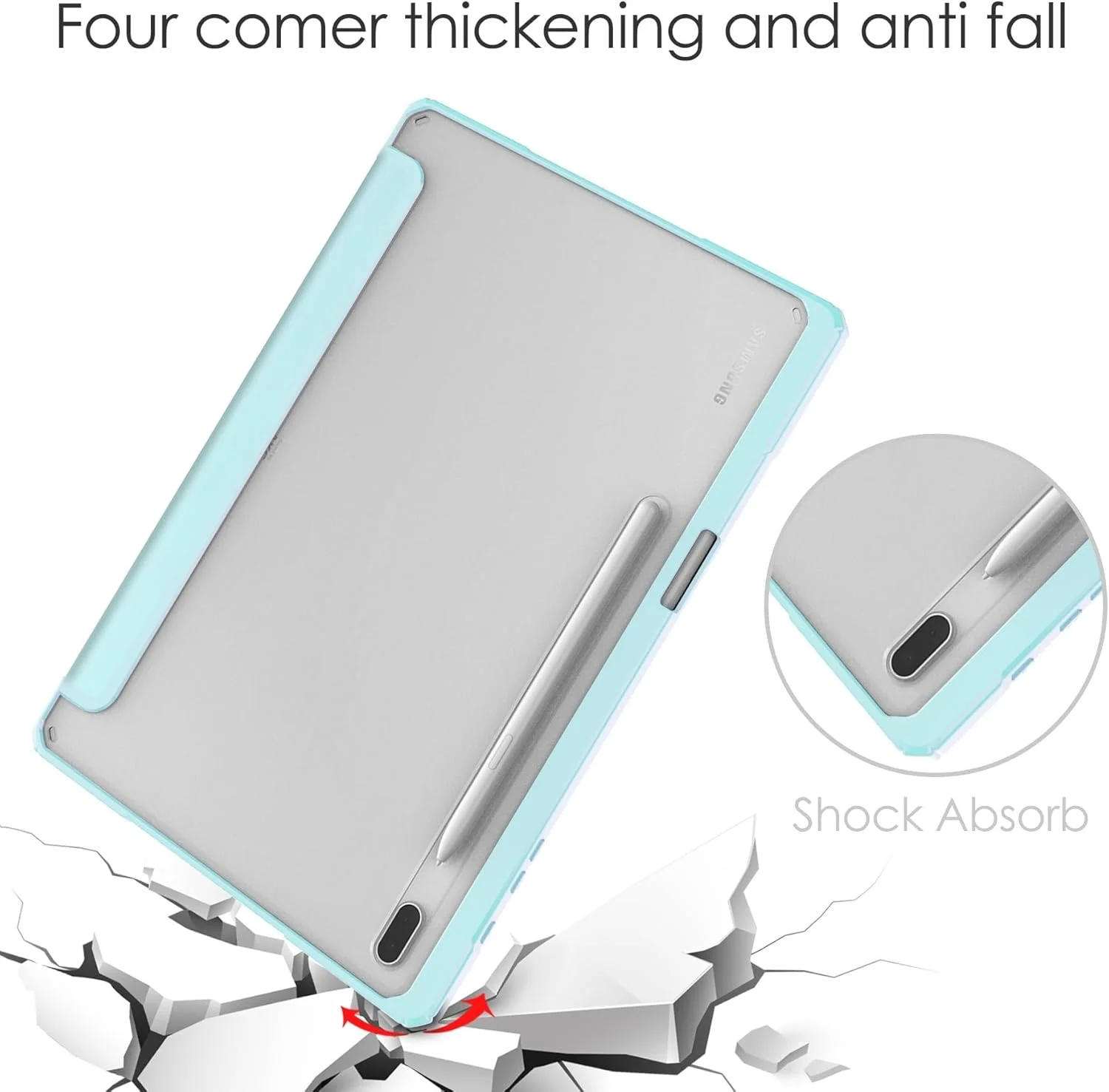 کاور تبلت هوشمند سه تایی سازگار با تبلت سامسونگ گلکسی تب S8 پلاس 12.4 اینچی، کاور محافظ پشتی شفاف باریک TPU با پایه نگهدارنده مداد، ضد ضربه، قابلیت بیدار شدن/خواب خودکار. آبی آسمانی