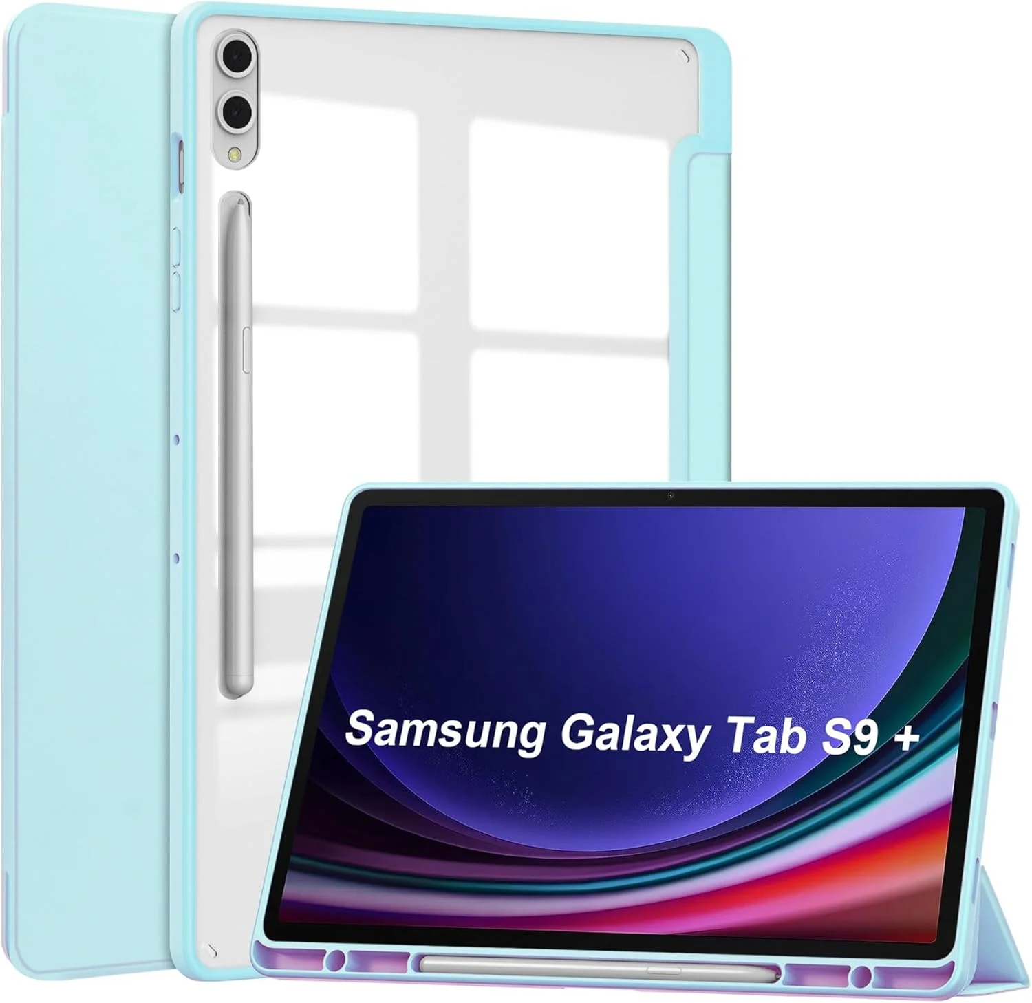 کاور هوشمند تبلت سه تایی سازگار با Samsung Galaxy Tab S9 Plus 12.4 اینچ 2023 SM-X810/X816/X818، کاور پشتی شفاف باریک TPU با پایه نگهدارنده مداد، ضد ضربه، بیدار/خواب خودکار. آبی آسمانی کاور هوشمند تبلت سه تایی سازگار با Samsung Galaxy Tab S9 Plus 12.4 اینچ 2023 SM-X810/X816/X818، کاور پشتی شفاف باریک TPU با پایه نگهدارنده مداد، ضد ضربه، بیدار/خواب خودکار. آبی آسمانی