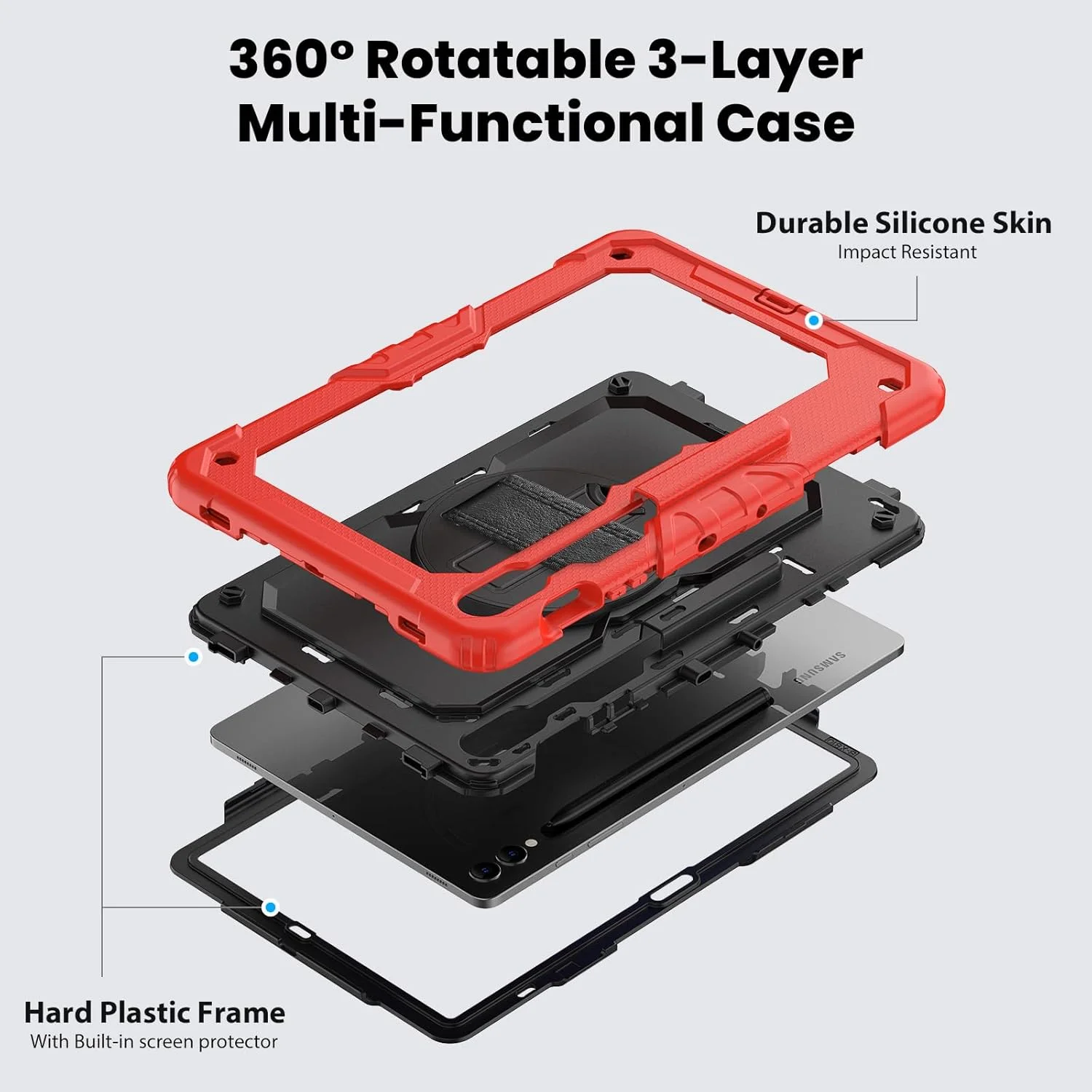 کیف محافظ تبلت سنگین نینسی برای سامسونگ گلکسی تب S9 FE+ 12.4 اینچ، کاور سیلیکونی رنگین کمانی ضد ضربه 3 در 1 با نگهدارنده مداد، بند شانه، بند دستی، پایه تاشو