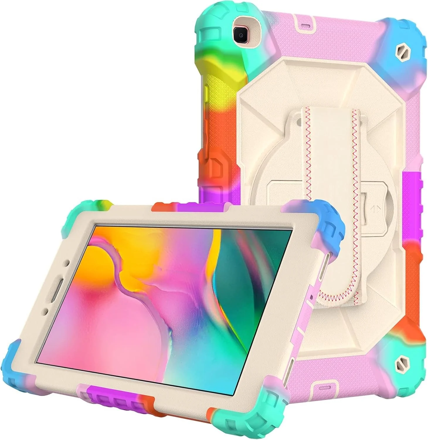 کیف تبلت کودکانه nincyee برای Samsung Galaxy Tab A 8.0 اینچ 2019 T290، کاور سیلیکونی رنگین کمانی ضد ضربه 3 در 1 با نگهدارنده مداد، بند شانه، بند دستی، پایه تاشو برای کودکان