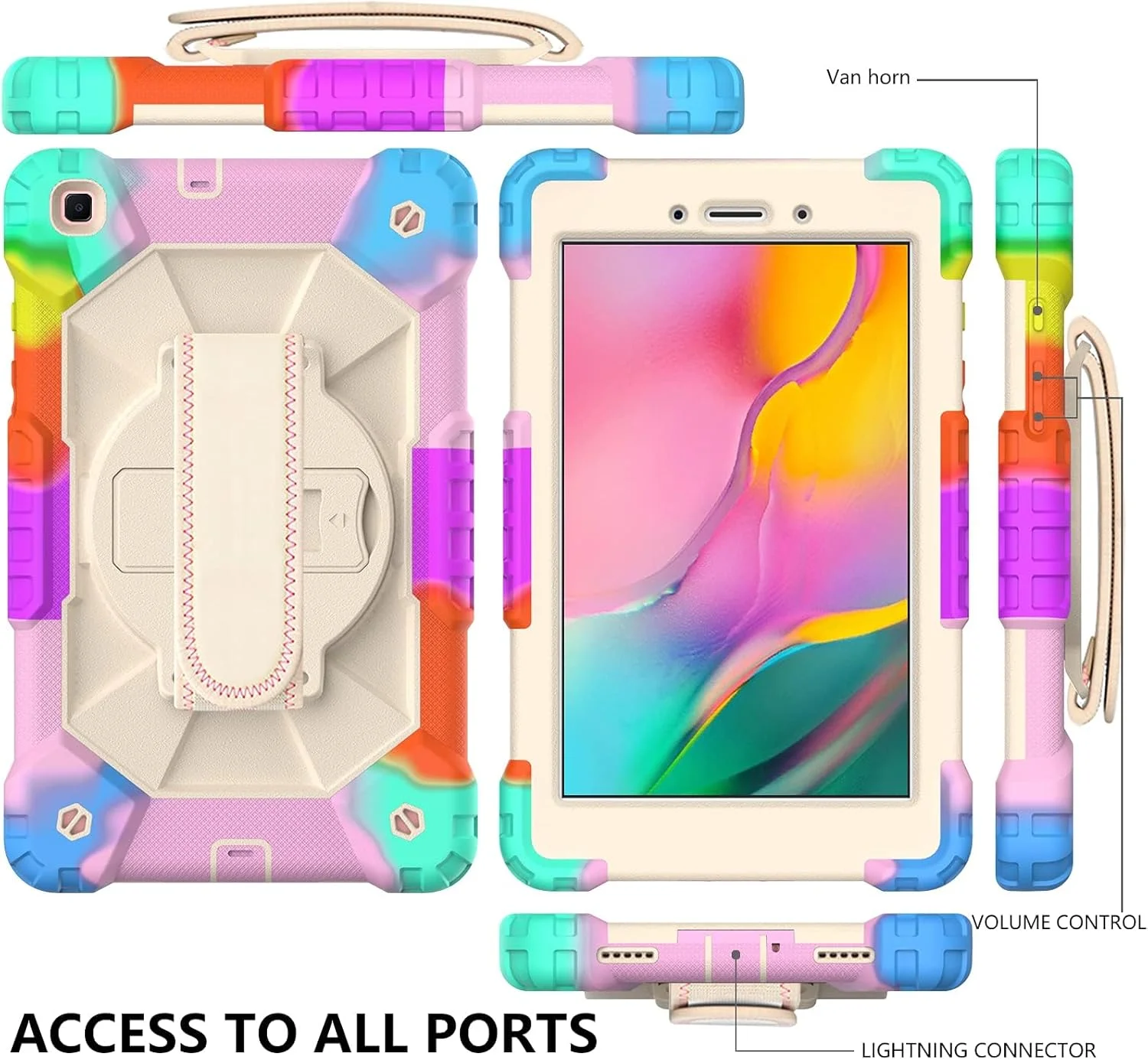 کیف تبلت کودکانه nincyee برای Samsung Galaxy Tab A 8.0 اینچ 2019 T290، کاور سیلیکونی رنگین کمانی ضد ضربه 3 در 1 با نگهدارنده مداد، بند شانه، بند دستی، پایه تاشو برای کودکان