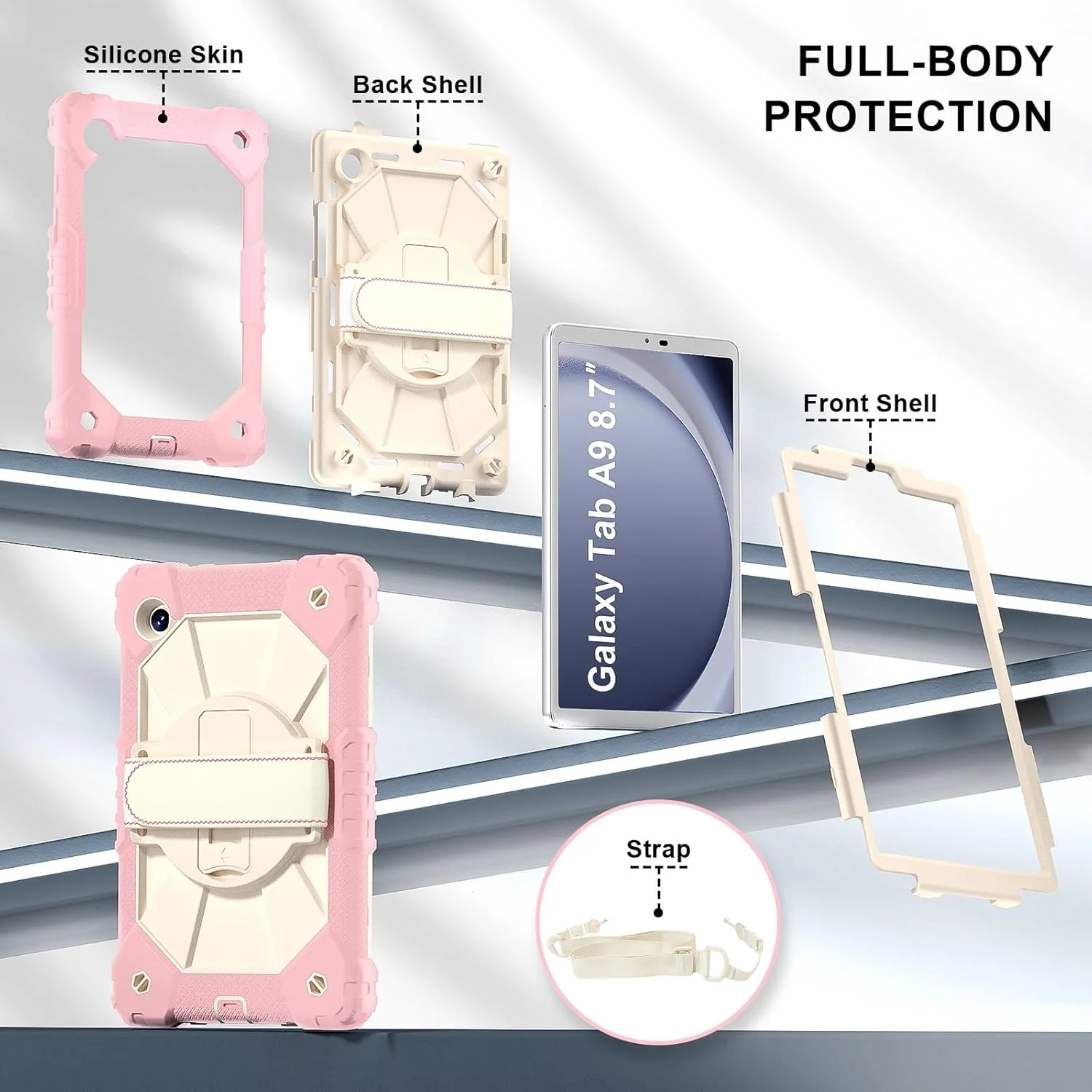 کیف تبلت کودکانه nincyee برای Samsung Galaxy Tab A9 8.7 اینچ 2023، کاور سیلیکونی رنگین کمانی ضد ضربه 3 در 1 با نگهدارنده مداد، بند شانه، بند دستی، پایه تاشو برای کودکان