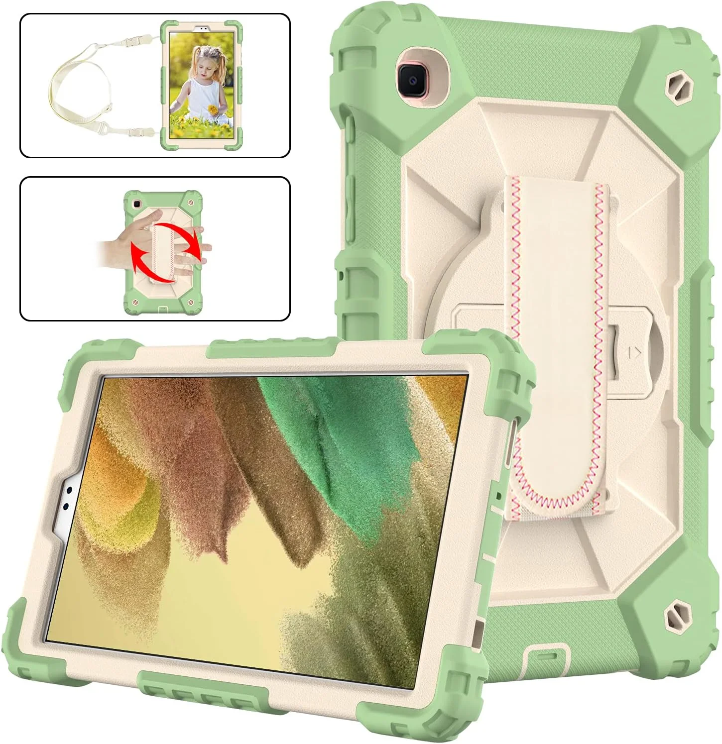 کیف تبلت کودکانه nincyee برای Samsung Galaxy Tab A7 Lite 8.7 اینچ 2021، کاور سیلیکونی رنگین کمانی ضد ضربه 3 در 1 با نگهدارنده مداد، بند شانه، بند دستی، پایه تاشو برای کودکان