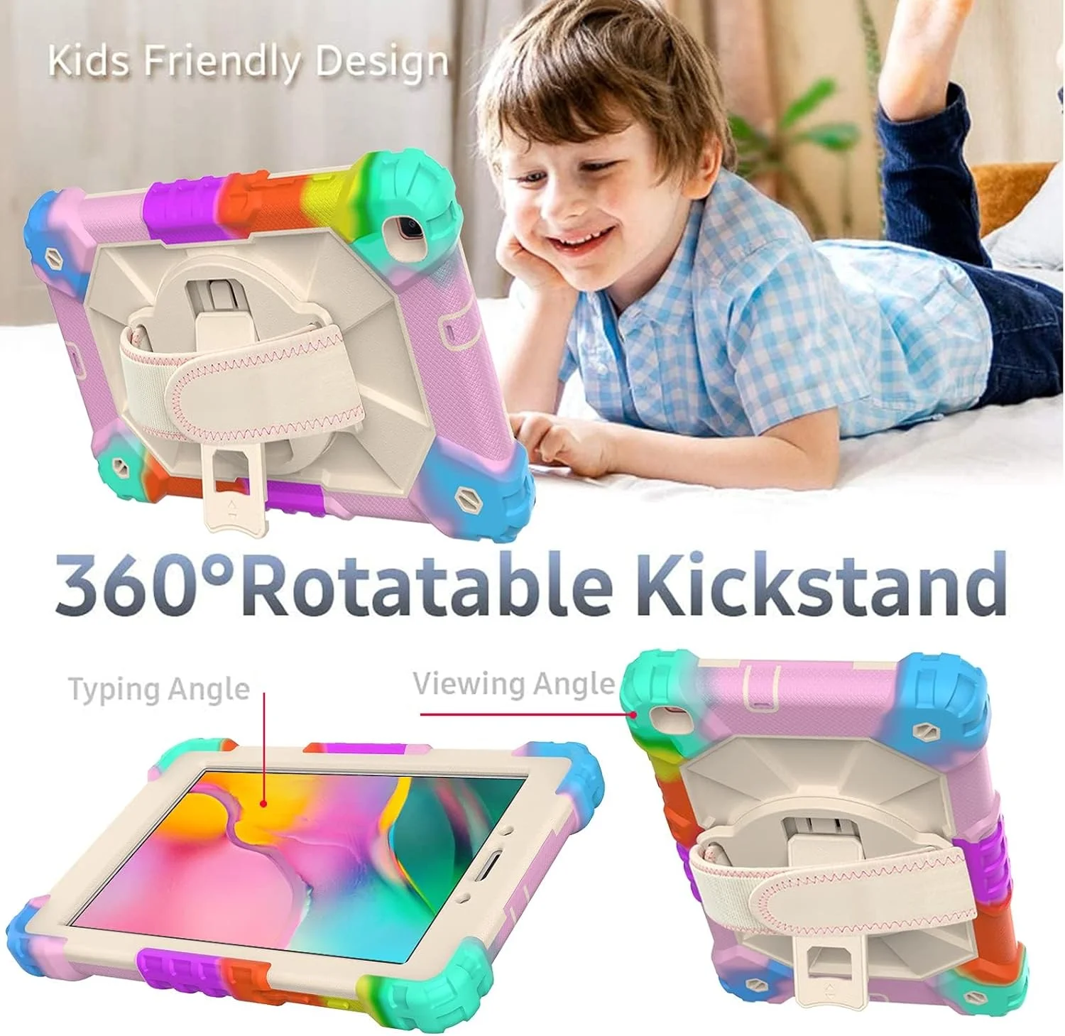 کیف تبلت کودکانه nincyee برای Samsung Galaxy Tab A 8.0 اینچ 2019 T290، کاور سیلیکونی رنگین کمانی ضد ضربه 3 در 1 با نگهدارنده مداد، بند شانه، بند دستی، پایه تاشو برای کودکان