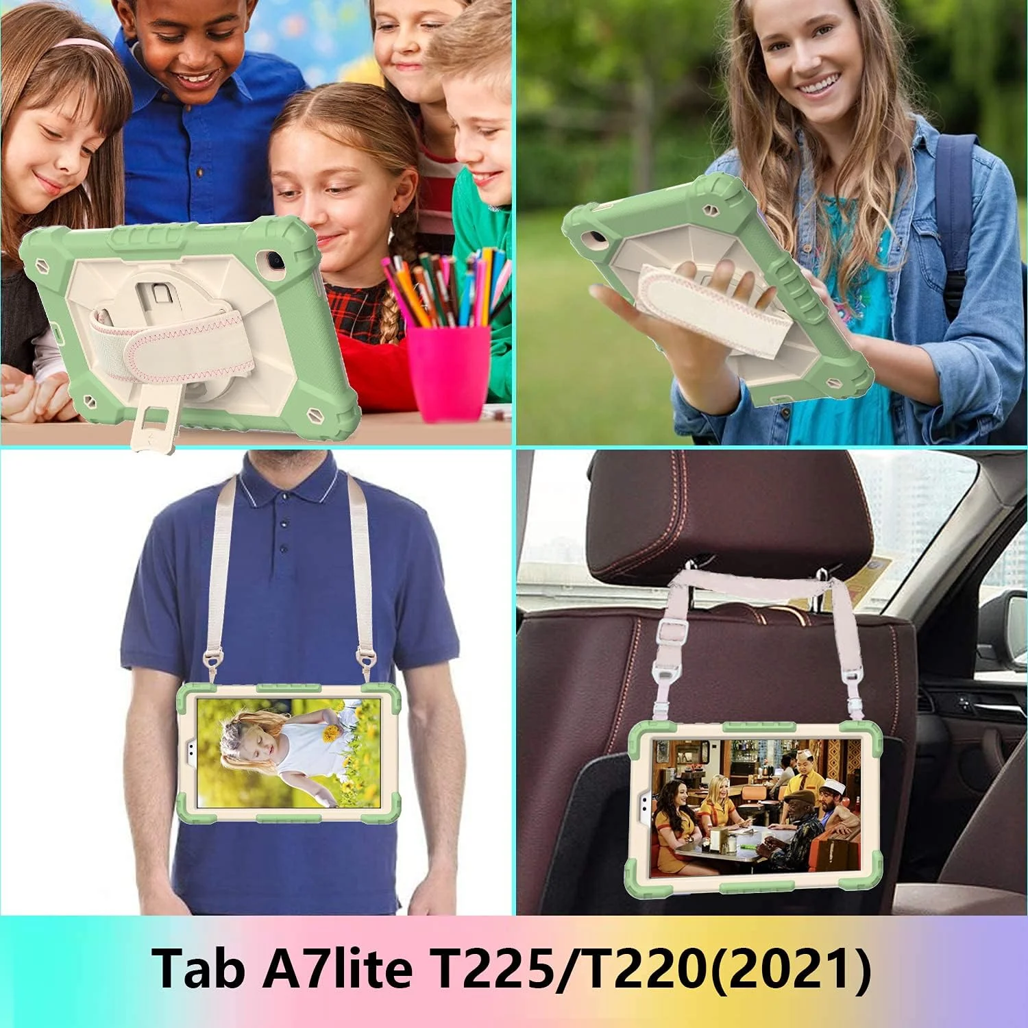 کیف تبلت کودکانه nincyee برای Samsung Galaxy Tab A7 Lite 8.7 اینچ 2021، کاور سیلیکونی رنگین کمانی ضد ضربه 3 در 1 با نگهدارنده مداد، بند شانه، بند دستی، پایه تاشو برای کودکان