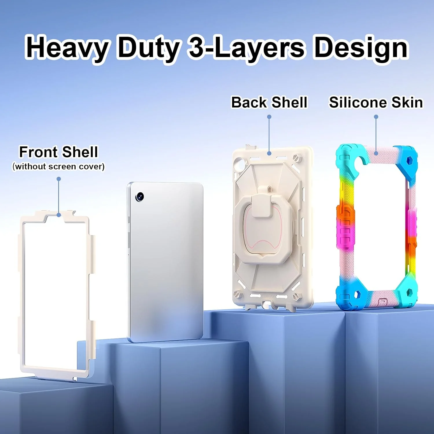 کیف تبلت کودکانه nincyee برای Samsung Galaxy Tab A9 8.7 اینچ 2023، کاور سیلیکونی رنگین کمانی ضد ضربه 3 در 1 با نگهدارنده مداد، بند شانه، پایه تاشو و حلقه های چرخان برای کودکان