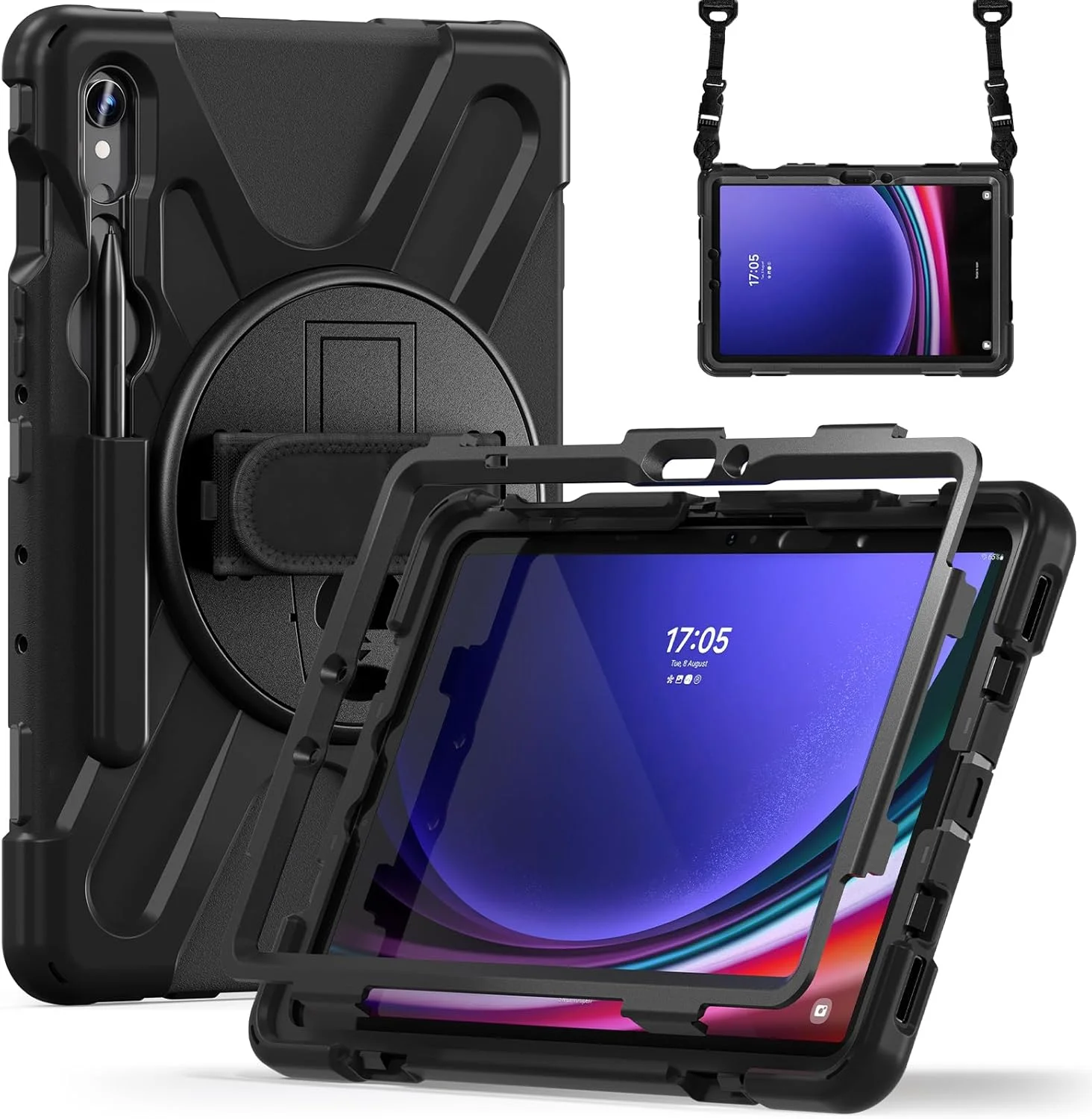 کیف تبلت موداسانکی سازگار با سامسونگ گلکسی تب S9 FE 10.9 اینچی 2023 SM-X510 X516 X518، کیف محافظ بادوام با نگهدارنده قلم S + پایه چرخان + بند دستی و شانه (مشکی)