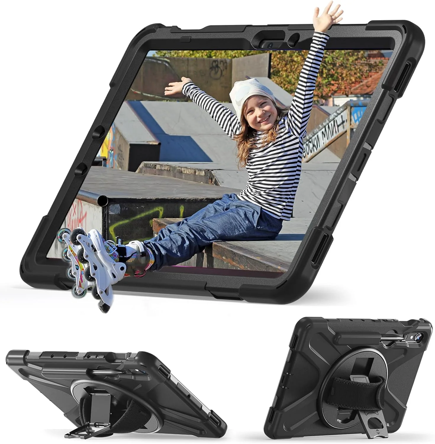 کیف تبلت موداسانکی سازگار با سامسونگ گلکسی تب S9 FE 10.9 اینچی 2023 SM-X510 X516 X518، کیف محافظ بادوام با نگهدارنده قلم S + پایه چرخان + بند دستی و شانه (مشکی)