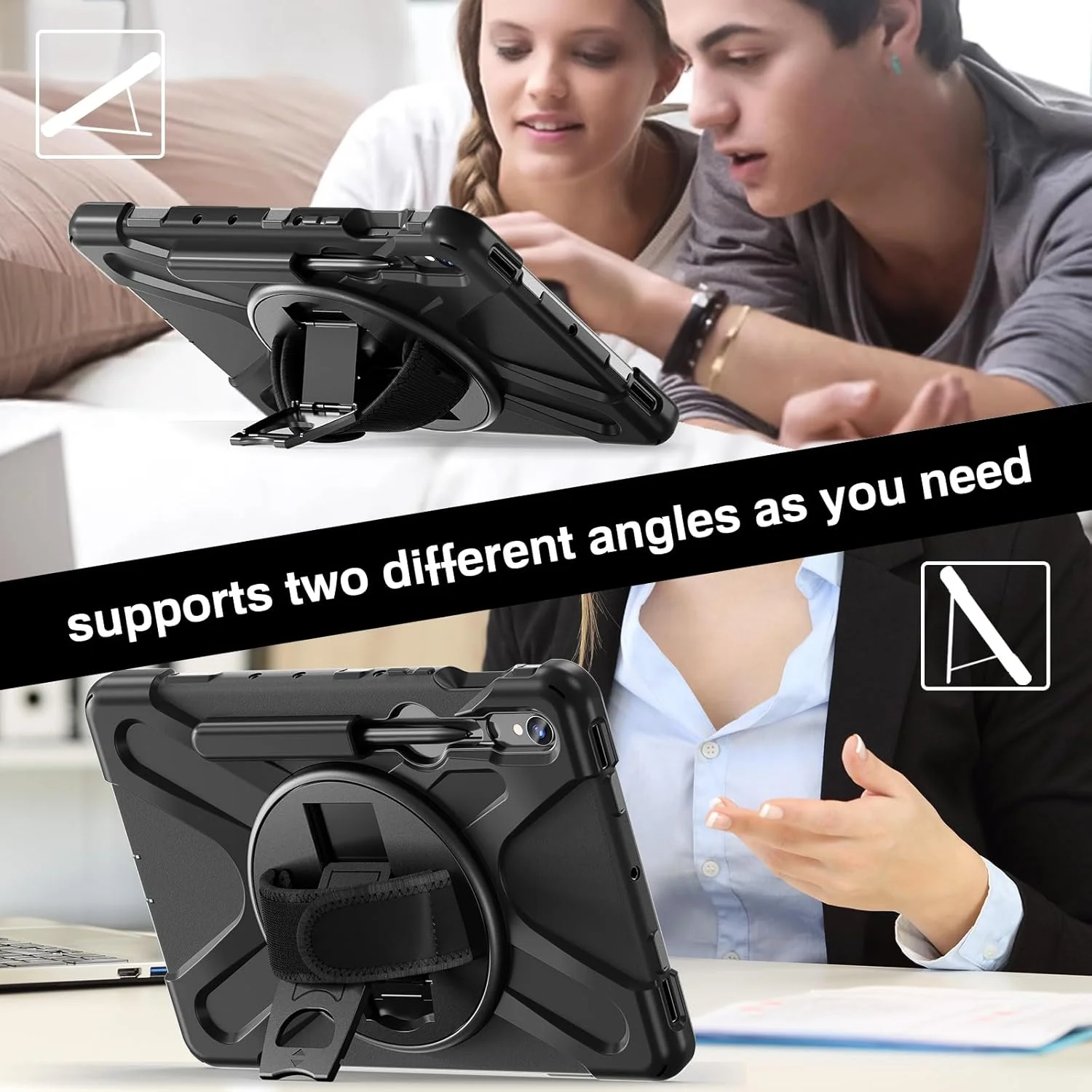 کیف تبلت موداسانکی سازگار با سامسونگ گلکسی تب S9 11 اینچ 2023 (SM-X710/X716B/X718U)، کیف محافظ ناهموار با نگهدارنده قلم S + پایه چرخان + بند دستی و شانه (مشکی)