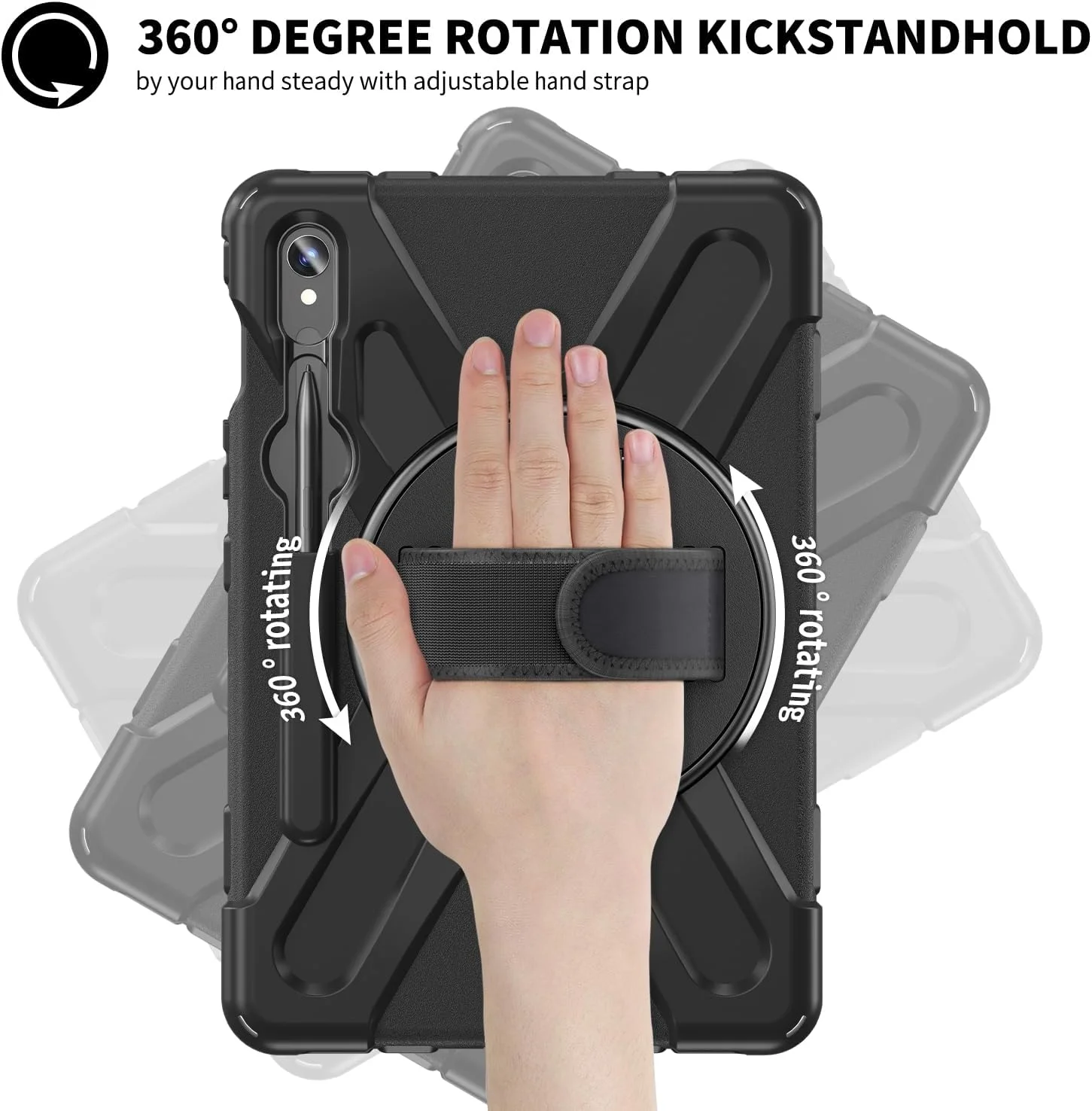 کیف تبلت موداسانکی سازگار با سامسونگ گلکسی تب S9 11 اینچ 2023 (SM-X710/X716B/X718U)، کیف محافظ ناهموار با نگهدارنده قلم S + پایه چرخان + بند دستی و شانه (مشکی)