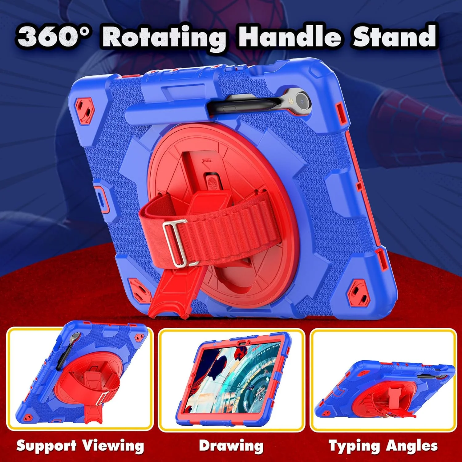 کیف تبلت nincyee برای Samsung Galaxy Tab S9 11 اینچ 2023، کیف سیلیکونی رنگین کمانی طرح قهرمان عنکبوتی مقاوم در برابر ضربه برای کودکان با جای مداد، بند شانه، پایه تاشو چرخشی، بند دستی