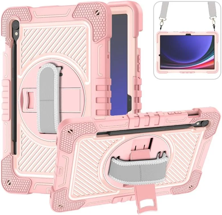 کیف تبلت Nikaque برای Samsung Galaxy Tab S9 FE/S9 X710/X716B/X718U 11 اینچی، مقاوم و بادوام، سه لایه ضد ضربه، پایه چرخان 360 درجه، دارای بند دستی و شانه، صورتی کامل