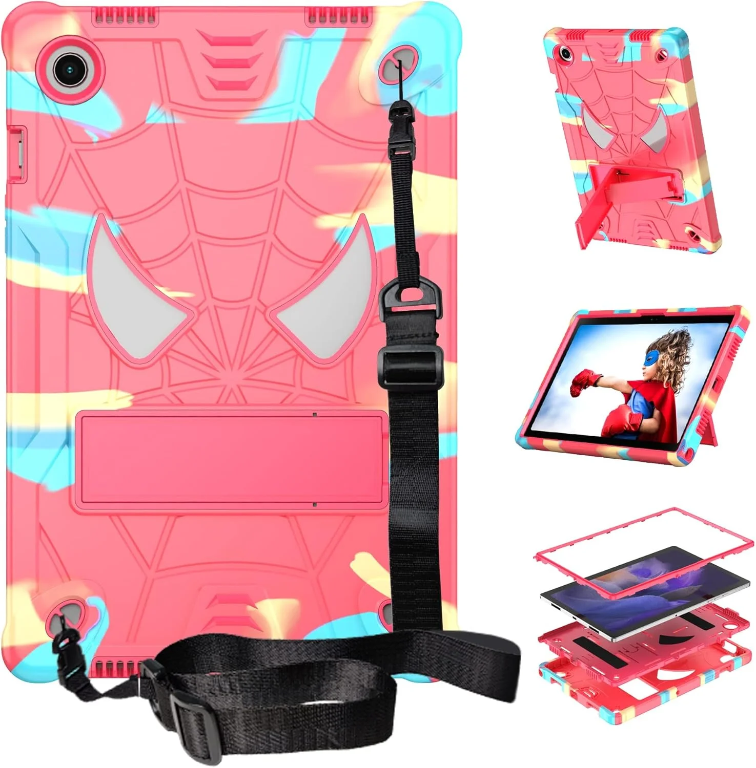 کیف تبلت PC، کیف کودکانه تبلت سازگار با Samsung Galaxy Tab A8 10.5" X200 / X205 (2021)، کاور محافظ ضد ضربه و مقاوم با هولدر داخلی + محافظ بند شانه (رنگین کمان)