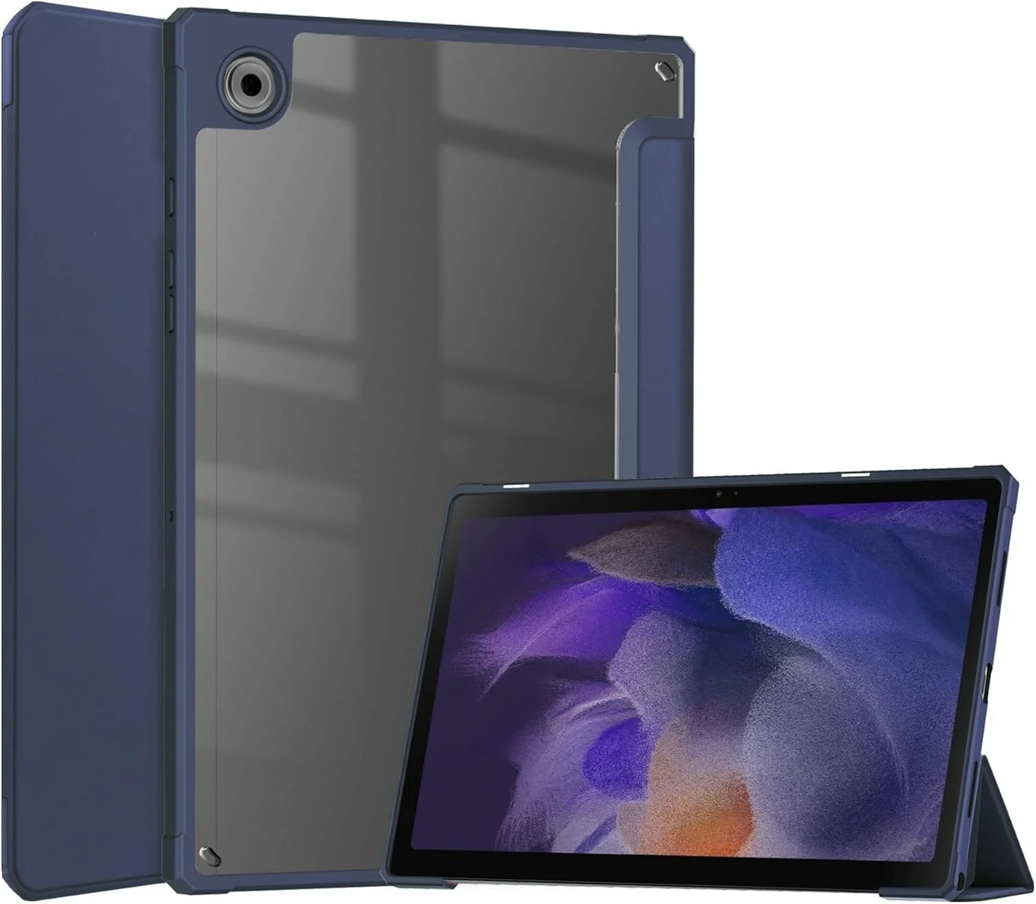 کاور هوشمند تبلت سه تایی سازگار با Samsung Galaxy Tab A8 10.5" 2021 (SM-X200/X205)، کاور پشتی شفاف باریک TPU با پایه و جای مدادی، ضد ضربه، قابلیت بیدار و خواب خودکار. آبی تیره