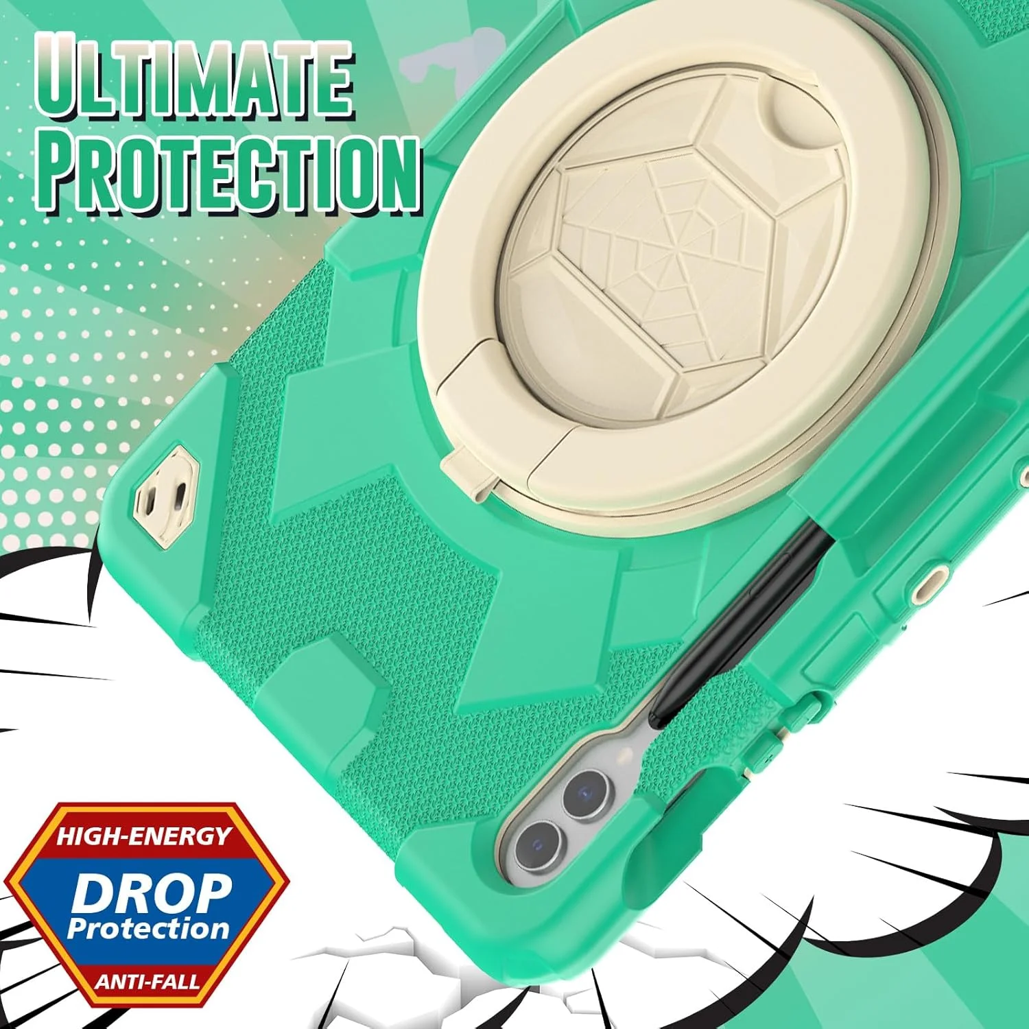 کیف تبلت nincyee برای Samsung Galaxy Tab S9+/S9 FE+ 12.4 اینچ، کیف سیلیکونی رنگین کمانی مقاوم در برابر ضربه برای کودکان با نگهدارنده مداد، بند شانه، دسته چرخان 360 درجه و پایه تاشو