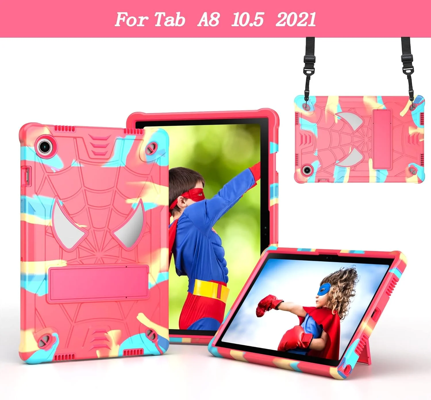 کیف تبلت PC، کیف کودکانه تبلت سازگار با Samsung Galaxy Tab A8 10.5" X200 / X205 (2021)، کاور محافظ ضد ضربه و مقاوم با هولدر داخلی + محافظ بند شانه (رنگین کمان)