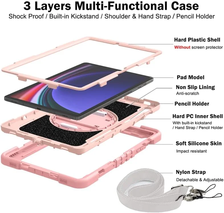کیف تبلت Nikaque برای Samsung Galaxy Tab S9 FE/S9 X710/X716B/X718U 11 اینچی، مقاوم و بادوام، سه لایه ضد ضربه، پایه چرخان 360 درجه، دارای بند دستی و شانه، صورتی کامل