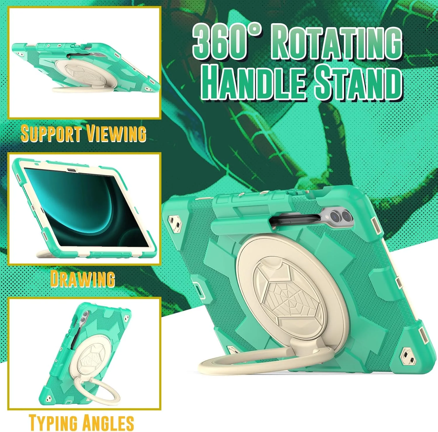 کیف تبلت nincyee برای Samsung Galaxy Tab S9+/S9 FE+ 12.4 اینچ، کیف سیلیکونی رنگین کمانی مقاوم در برابر ضربه برای کودکان با نگهدارنده مداد، بند شانه، دسته چرخان 360 درجه و پایه تاشو