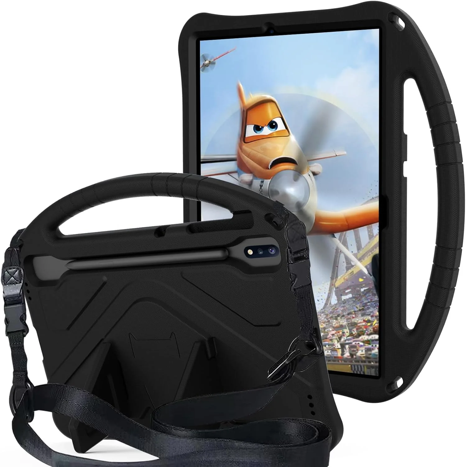 کیف محافظ کودکانه TianTa برای تبلت سامسونگ گلکسی تب S9+ 2023 (SM-X810) 5G (SM-X816B) 12.4 اینچ، با پایه، دسته قابل حمل، بند شانه، پوشش محافظ فوم EVA سبک و مقاوم در برابر ضربه - مشکی