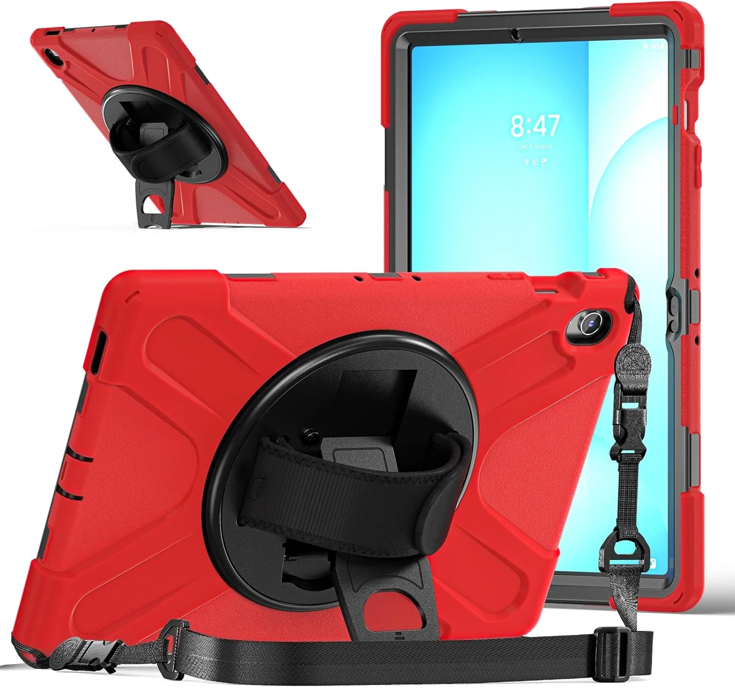 کیف تبلت سازگار با Samsung Galaxy Tab S10 FE+ Plus 13.1 اینچ (SM-X620/X626) با بند شانه، پایه چرخان و دسته، کیف محافظ مقاوم در برابر ضربه. قرمز