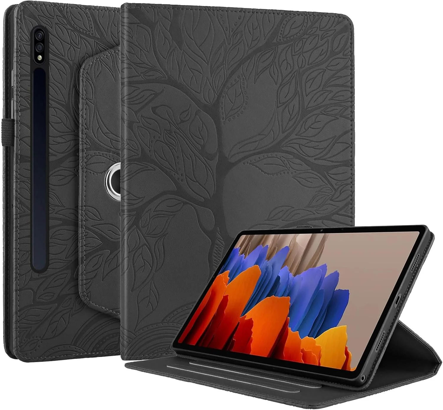 کیف تبلت چرخشی 360 درجه SLLMYYX سازگار با Samsung Galaxy Tab S9 FE+/S9+/S8+/S7+/S7 FE 12.4 اینچ، کاور استند باریک طرح درخت زندگی (مشکی)