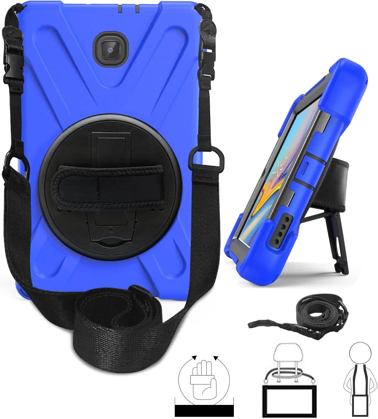 کیف تبلت سازگار با Samsung Galaxy Tab A 8 اینچ 2018 T387 با بند شانه، پایه چرخان و دسته، کیف محافظ مقاوم در برابر ضربه. آبی