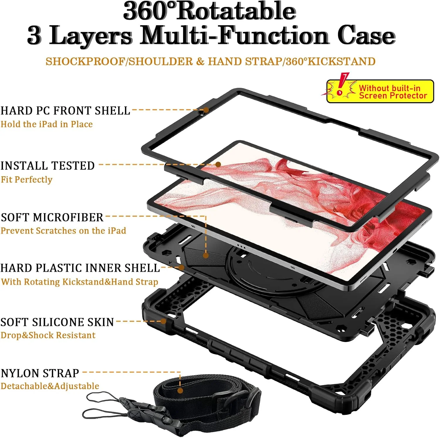 کیف تبلت کودکانه nincyee برای Samsung Galaxy Tab S8/S7 11 اینچ 2022/2020، کاور سیلیکونی رنگین کمانی ضد ضربه 3 در 1 با نگهدارنده مداد، بند شانه، بند دستی، پایه تاشو برای کودکان