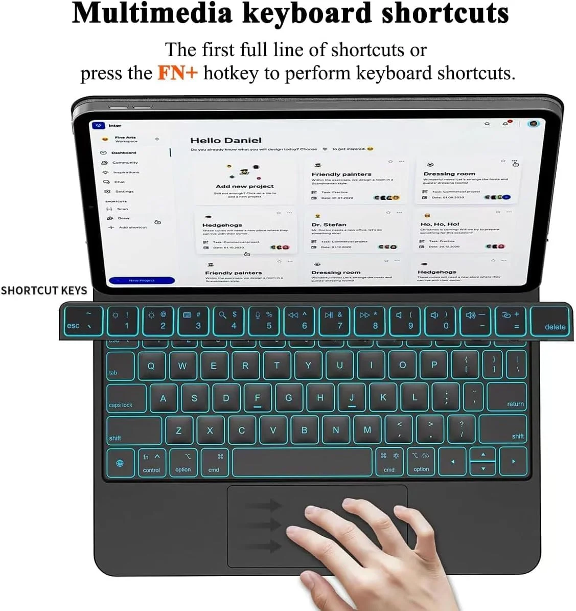 کیبورد جادویی برای گلکسی تب S10+Plus/S9+ Plus/S9 FE+ Plus/S8+ Plus/S7 FE/S7+ Plus، کاور کیبورد جادویی 12.4 اینچی سامسونگ تب، تاچ پد چند لمسی، نور پس زمینه 7 رنگ، مشکی