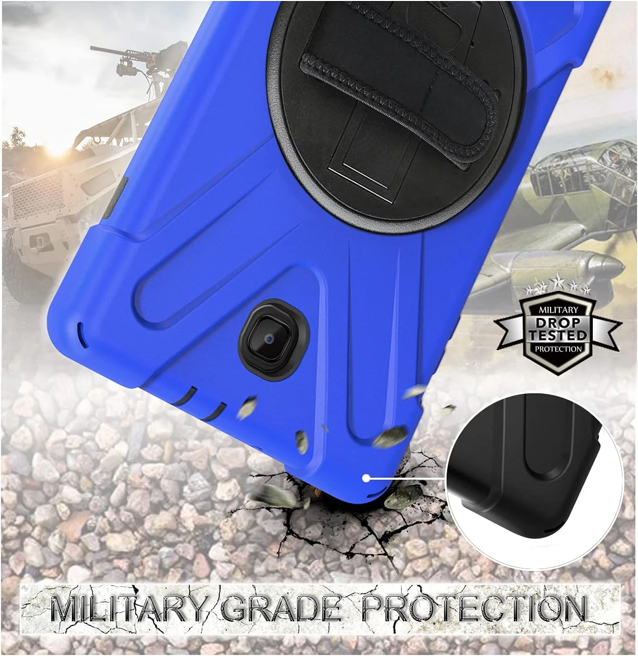 کیف تبلت سازگار با Samsung Galaxy Tab A 8 اینچ 2018 T387 با بند شانه، پایه چرخان و دسته، کیف محافظ مقاوم در برابر ضربه. آبی