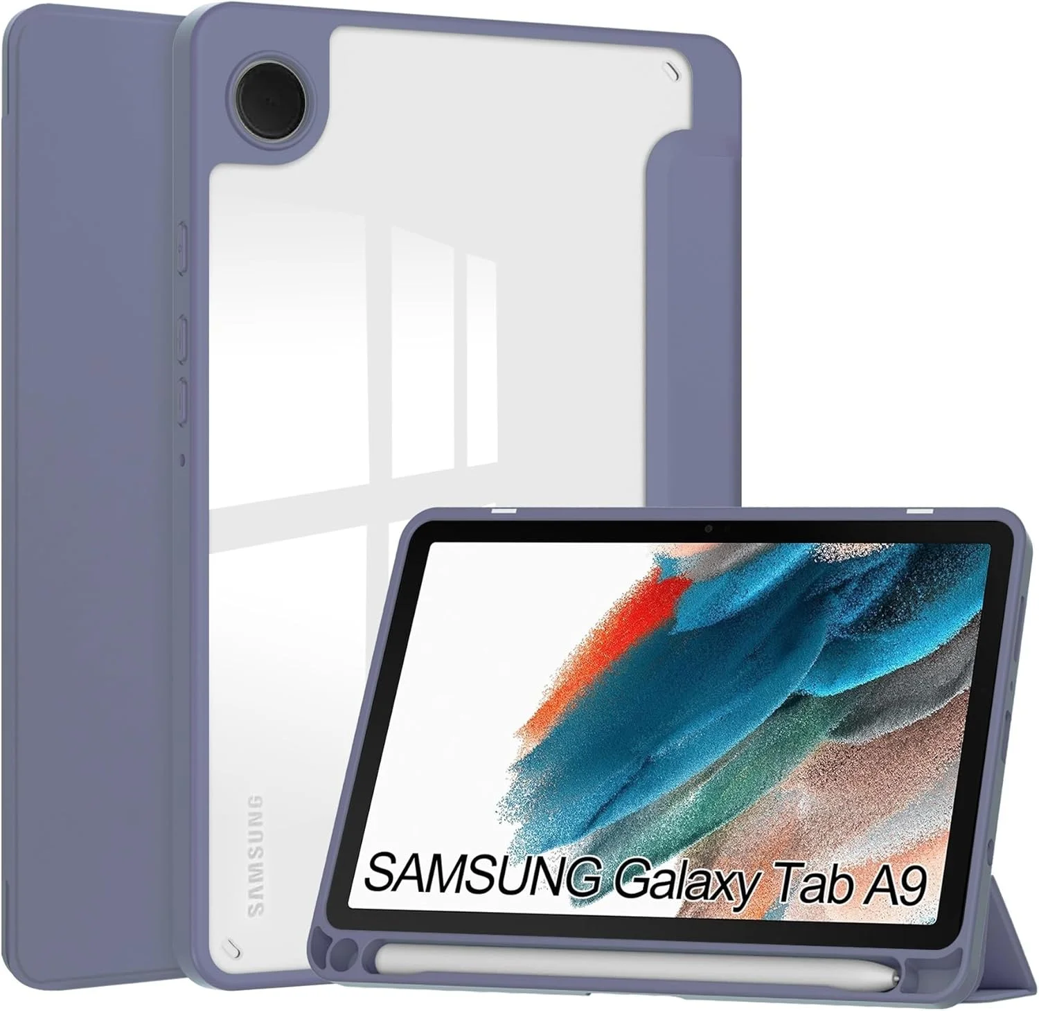 کاور هوشمند تبلت سه تایی سازگار با Samsung Galaxy Tab A9 8.7 اینچی 2023 SM-X110/X115، کاور محافظ باریک TPU با پشت شفاف، دارای پایه و جای مداد، ضد ضربه، قابلیت بیدار/خواب خودکار، بنفش