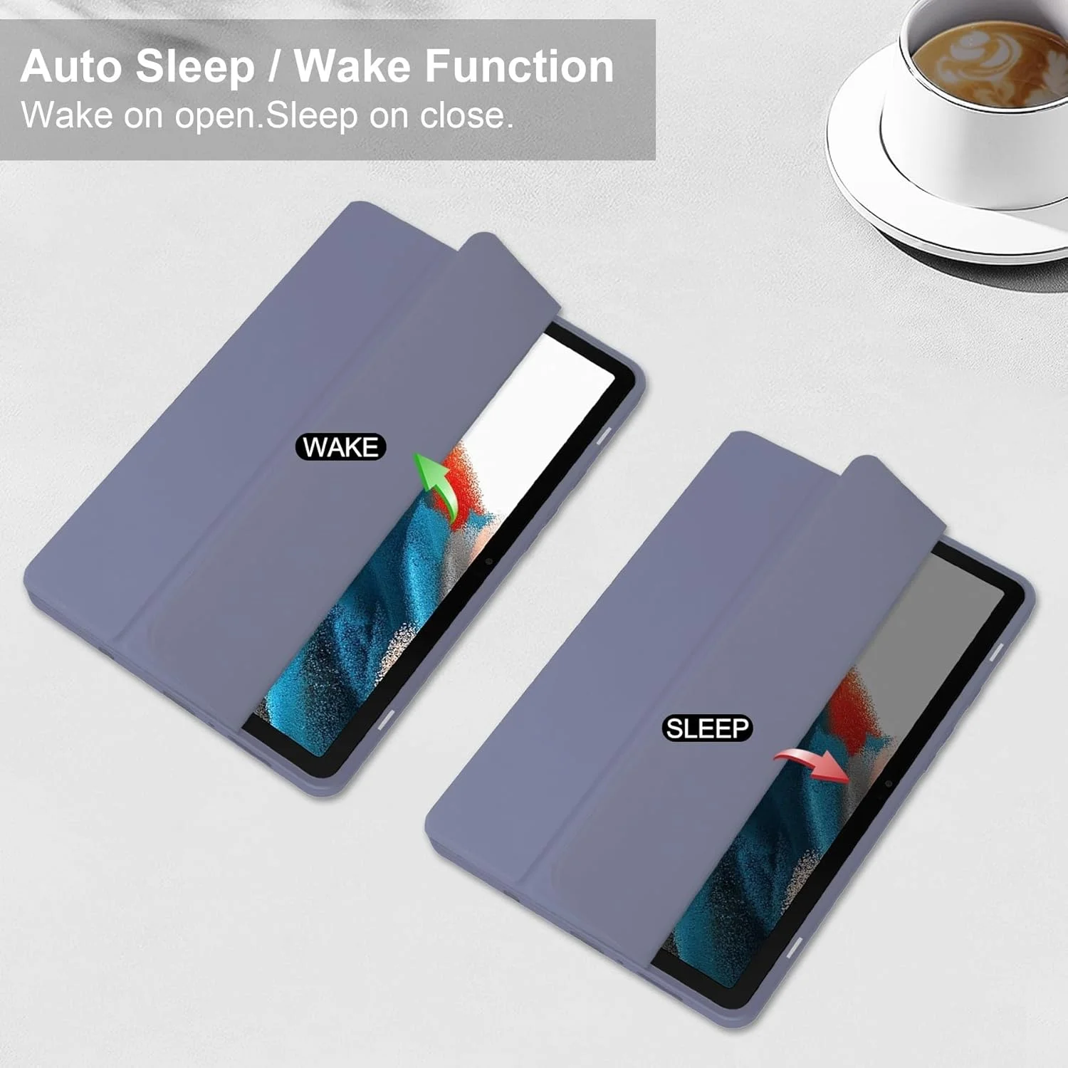 کاور هوشمند تبلت سه تایی سازگار با Samsung Galaxy Tab A9 8.7 اینچی 2023 SM-X110/X115، کاور محافظ باریک TPU با پشت شفاف، دارای پایه و جای مداد، ضد ضربه، قابلیت بیدار/خواب خودکار، بنفش