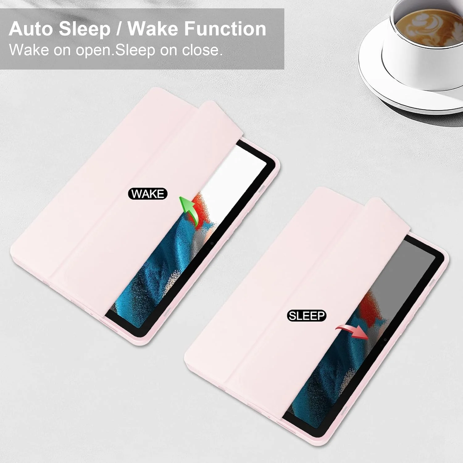 کاور هوشمند تبلت سه تایی سازگار با تبلت سامسونگ گلکسی تب A9 8.7 اینچ 2023 SM-X110/X115، کاور محافظ پشتی شفاف باریک TPU با پایه و جای مداد، ضد ضربه، با قابلیت بیدار/خواب خودکار، صورتی