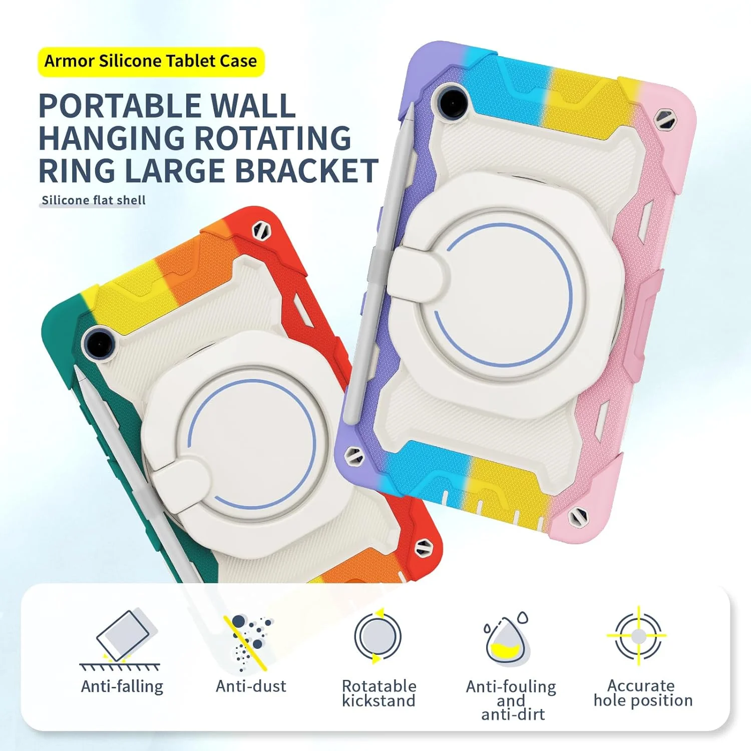 کیف سیلیکونی تبلت nincyee برای Samsung Galaxy Tab A9 8.7 اینچ، کیف ضد ضربه با نگهدارنده مداد، بند شانه، حلقه بزرگ چرخان آویز پایه برای کودکان