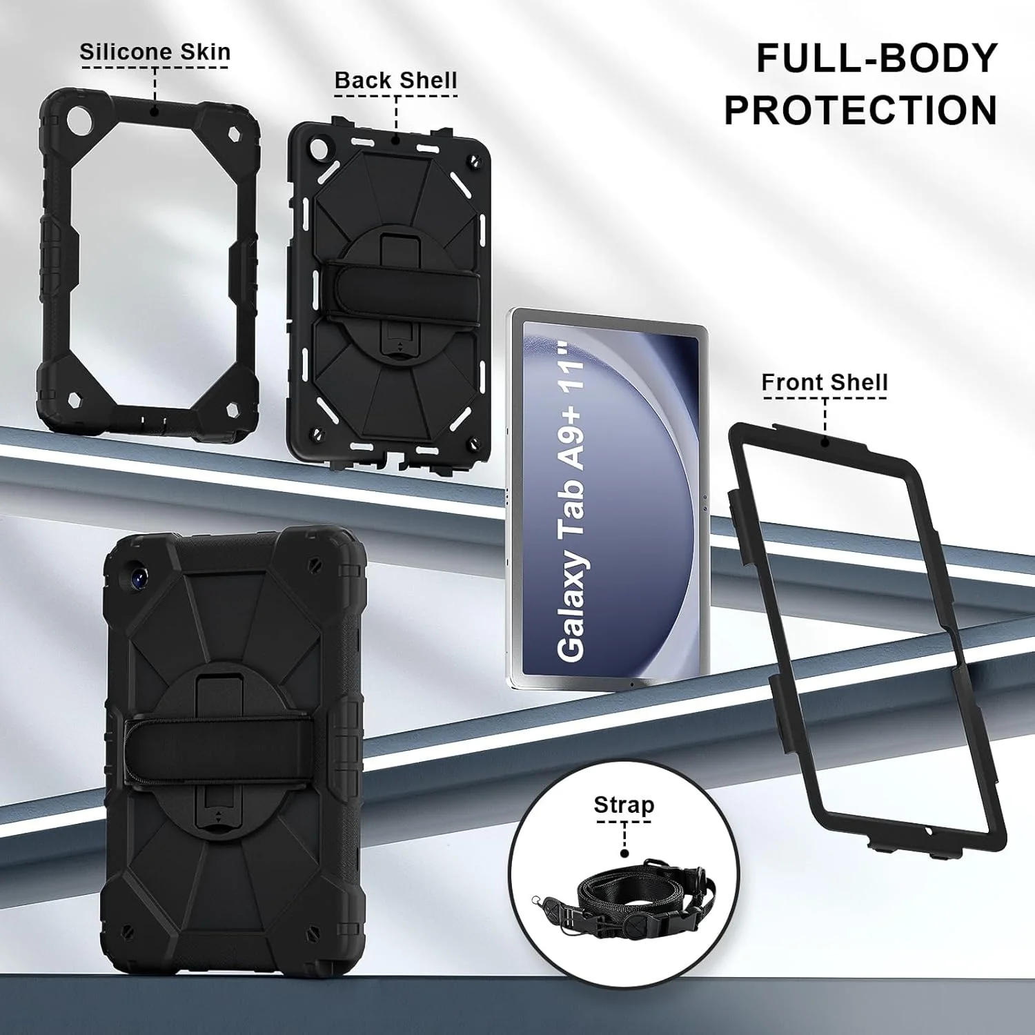 کیف تبلت کودکانه nincyee برای Samsung Galaxy Tab A9+ 11 اینچ 2023، کاور سیلیکونی رنگین کمانی ضد ضربه 3 در 1 با نگهدارنده قلم، بند شانه، بند دستی، پایه تاشو برای کودکان