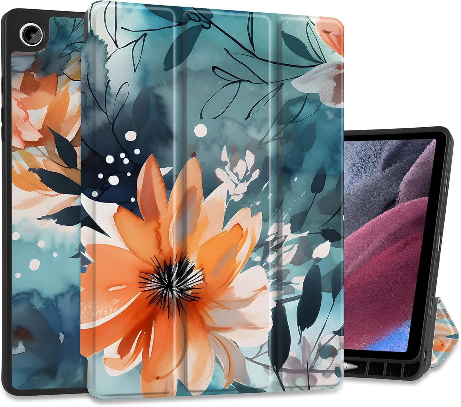 کیف یبیسون برای تبلت سامسونگ گلکسی تب A9 پلاس 11 اینچ مدل 2023 (SM-X210/X216/X218)، کیف تبلت سامسونگ تب A9+ با قابلیت خواب/بیداری خودکار، استند سه تایی و نگهدارنده قلم S، طرح گل انتزاعی