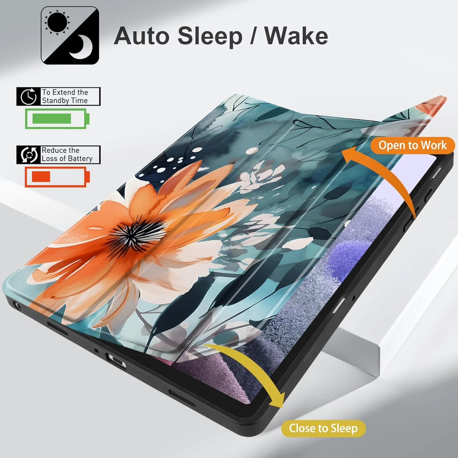 کیف یبیسون برای تبلت سامسونگ گلکسی تب A9 پلاس 11 اینچ مدل 2023 (SM-X210/X216/X218)، کیف تبلت سامسونگ تب A9+ با قابلیت خواب/بیداری خودکار، استند سه تایی و نگهدارنده قلم S، طرح گل انتزاعی